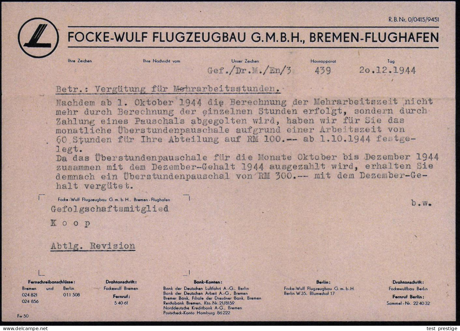 BREMEN 1/ Focke-Wulf "Condor" 1944 (28.1.) Dekorativer U. Seltener AFS Francotyp = Fw. 200 "Condor" (Bf. Stärkere Öffnun - Flugzeuge