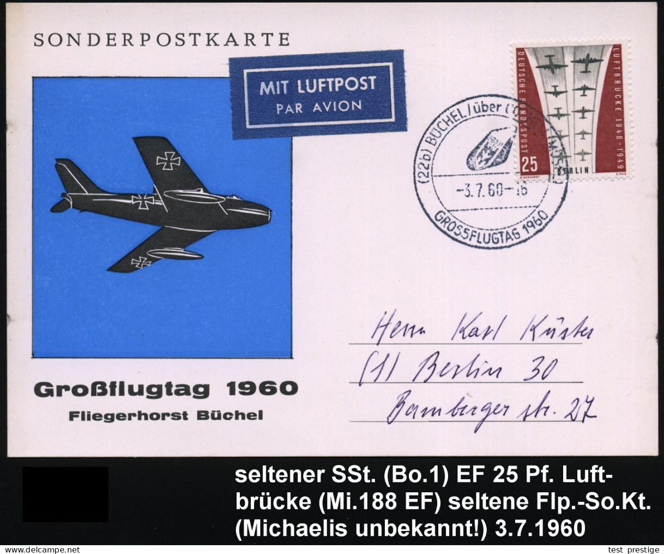 (22b) BÜCHEL-über COCHEM (MOSEL)/ GROSSFLUGTAG 1960 (3.7.) SSt (Wappen Jabo-Geschw.23) Auf EF 25 Pf. Lufbrücke (Mi.188 E - Airplanes