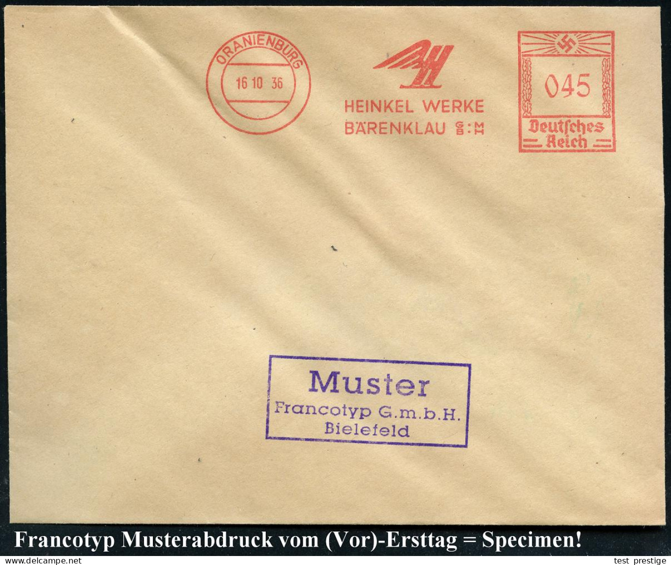 ORANIENBURG/ H/ HEINKEL WERKE/ BÄRENKLAU GMBH 1936 (16.10.) Sehr Seltener AFS-Musterabdruck Francotyp "Hakenkreuz" = Her - Avions