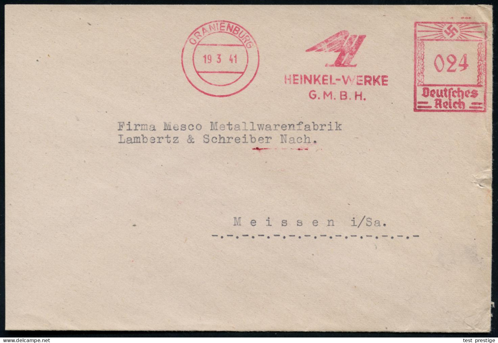 ORANIENBURG/ HEINKEL-WERKE/ GMBH 1941 (19.5.) Seltener AFS Francotyp (Logo = Geflügeltes "H") Rs. Abs.-Vordruck, Klar Ge - Flugzeuge