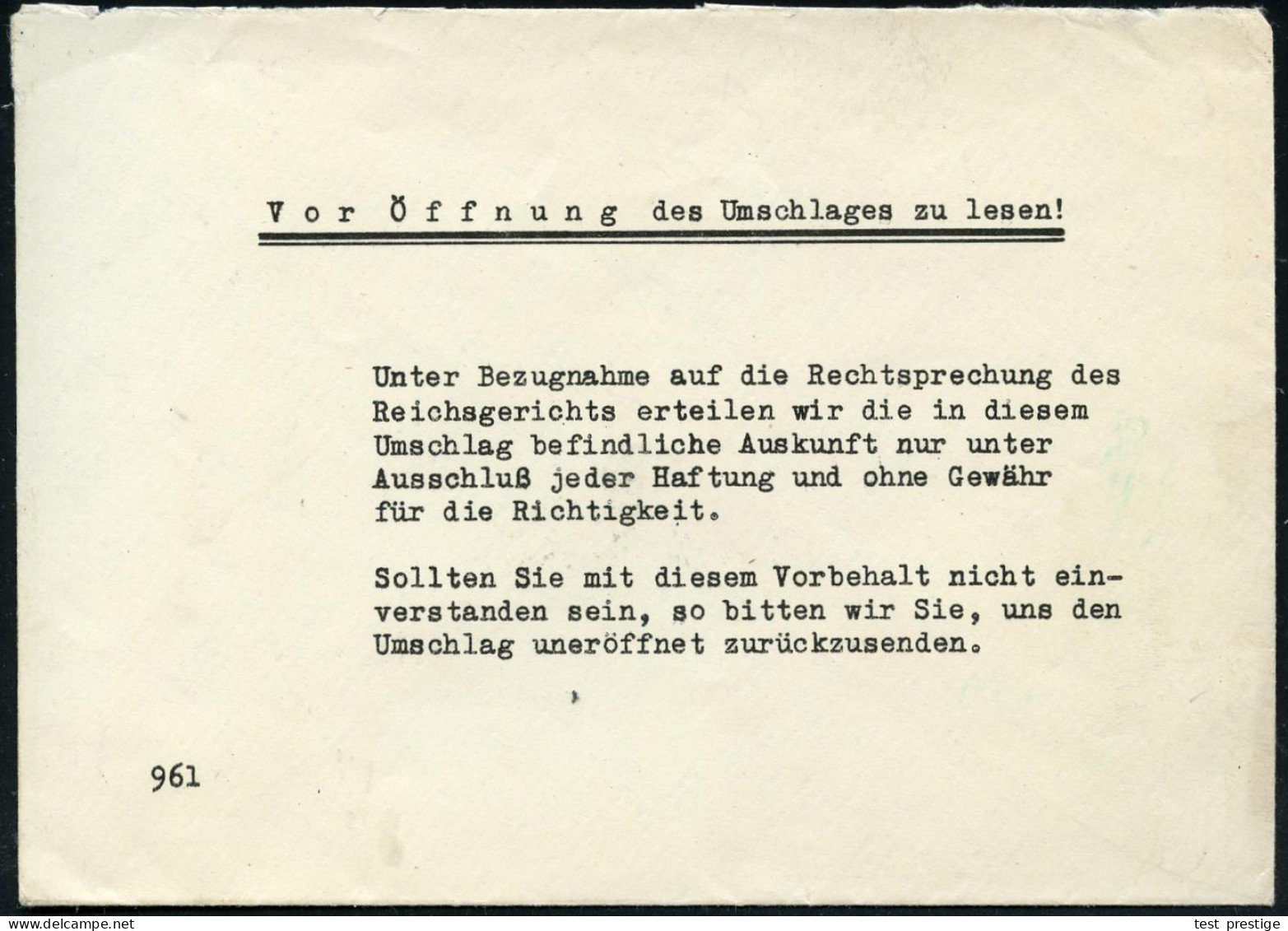 ROSTOCK 1937 Fa. Ernst Heinkel Flugzeugwerke, Interner Dienstumschlag "Vor Öffnung Des Umschlages Zu Lesen!" (rs. Kl. Öf - Avions