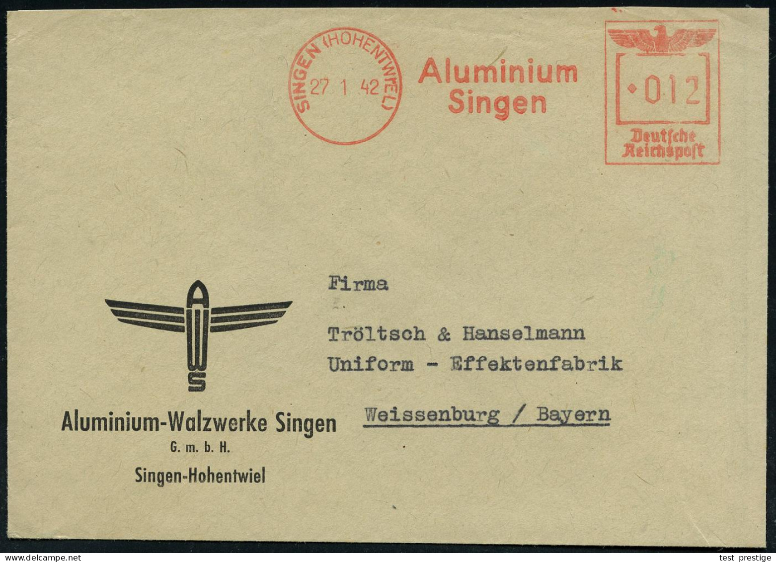 SINGEN (HOHENTWIEL)/ Aluminium/ Singen 1942 (27.1.) AFS Francotyp Auf Firmen-Bf.: Aluminium-Walzwerke Singen GmbH.. (Flu - Aviones