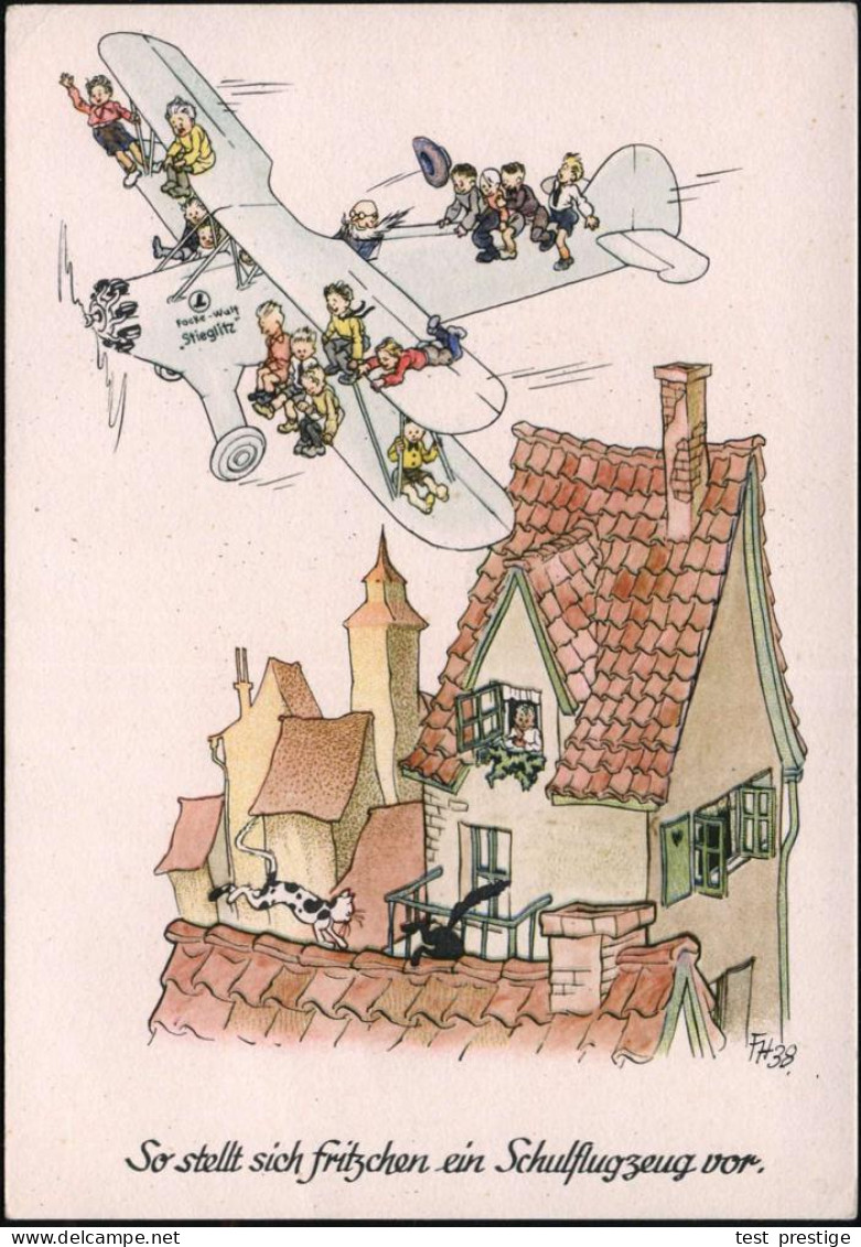 DEUTSCHES REICH 1938 Color-Reklame-Künstler-Ak: Focke-Wulf Fw 44 "Stieglitz", Schulflugzeug ("So Stellt Sich Fritzchen E - Airplanes