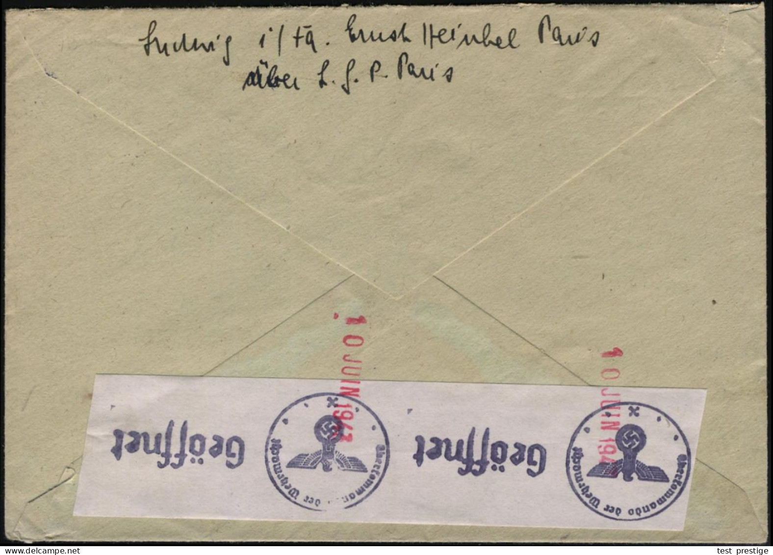 DT.BES.FRANKREICH 1943 (9.7.) 1K: FELDPOST/a/--- , EF 12 Pf. Hitler "Durch Deutsche Feldpost" ,rs. Abs.: Fa. Ernst  H E  - Avions