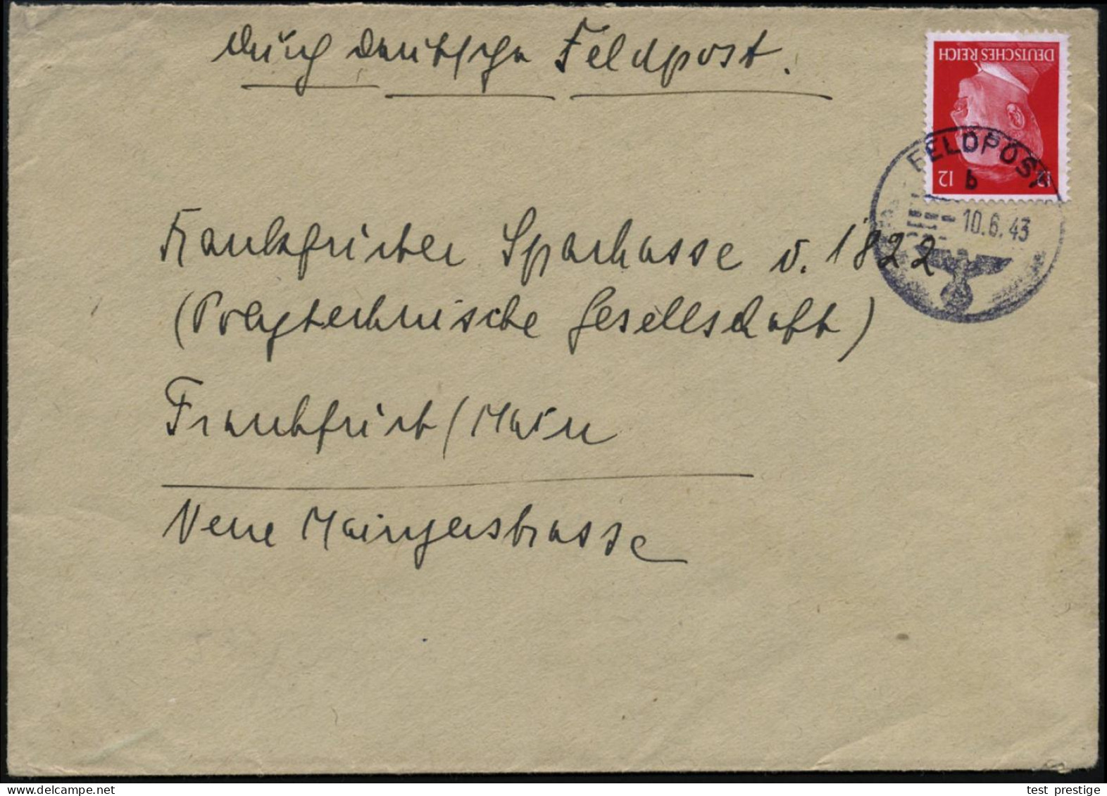 DT.BES.FRANKREICH 1943 (9.7.) 1K: FELDPOST/a/--- , EF 12 Pf. Hitler "Durch Deutsche Feldpost" ,rs. Abs.: Fa. Ernst  H E  - Avions