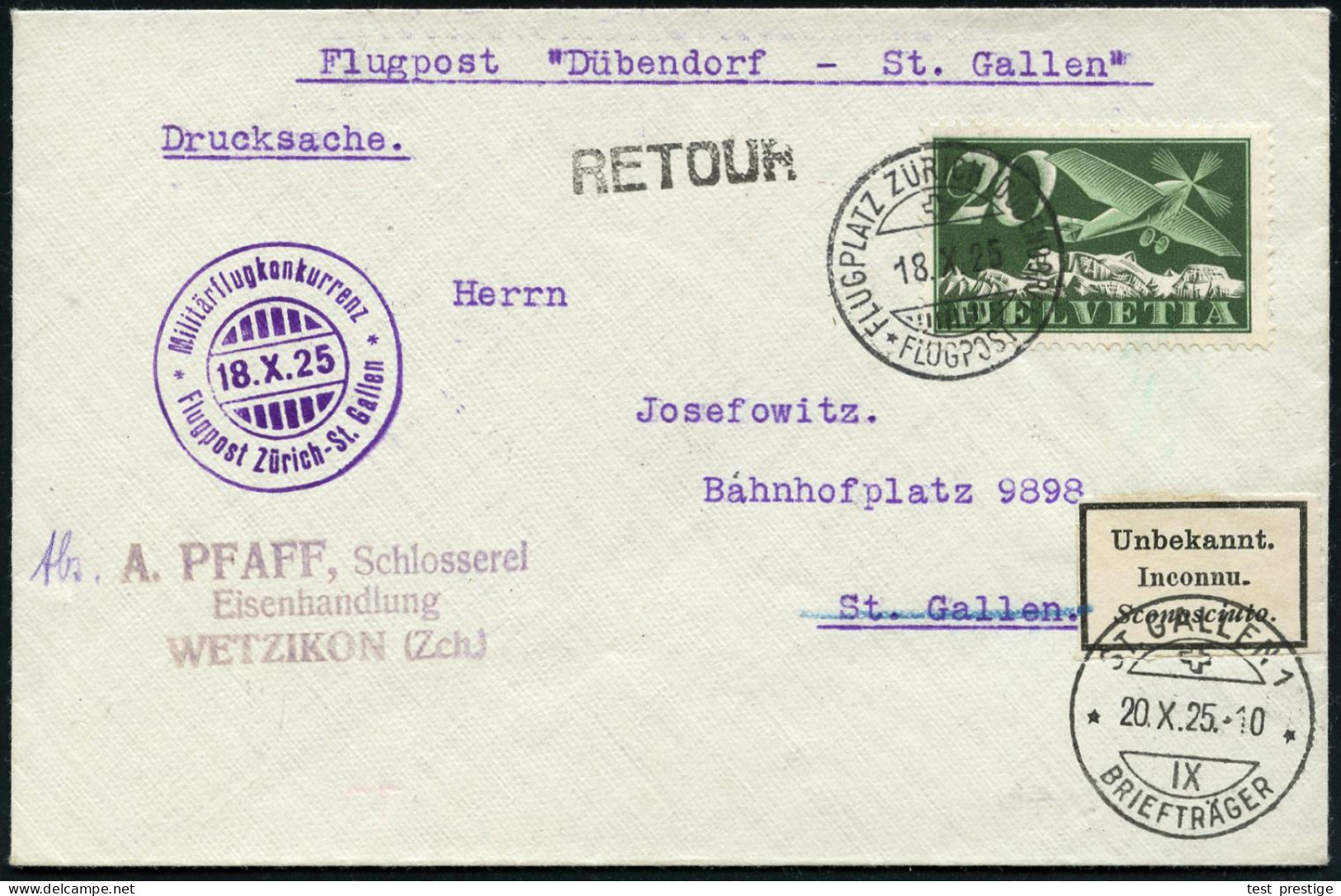 SCHWEIZ 1925 (18.10.) 1K-Gitter: FLUGPLATZ ZÜRICH (DÜBENDORF)/FLUGPOST + Viol.HdN: Militärflugkonkurrenz/ Flugpost Züric - Aviones