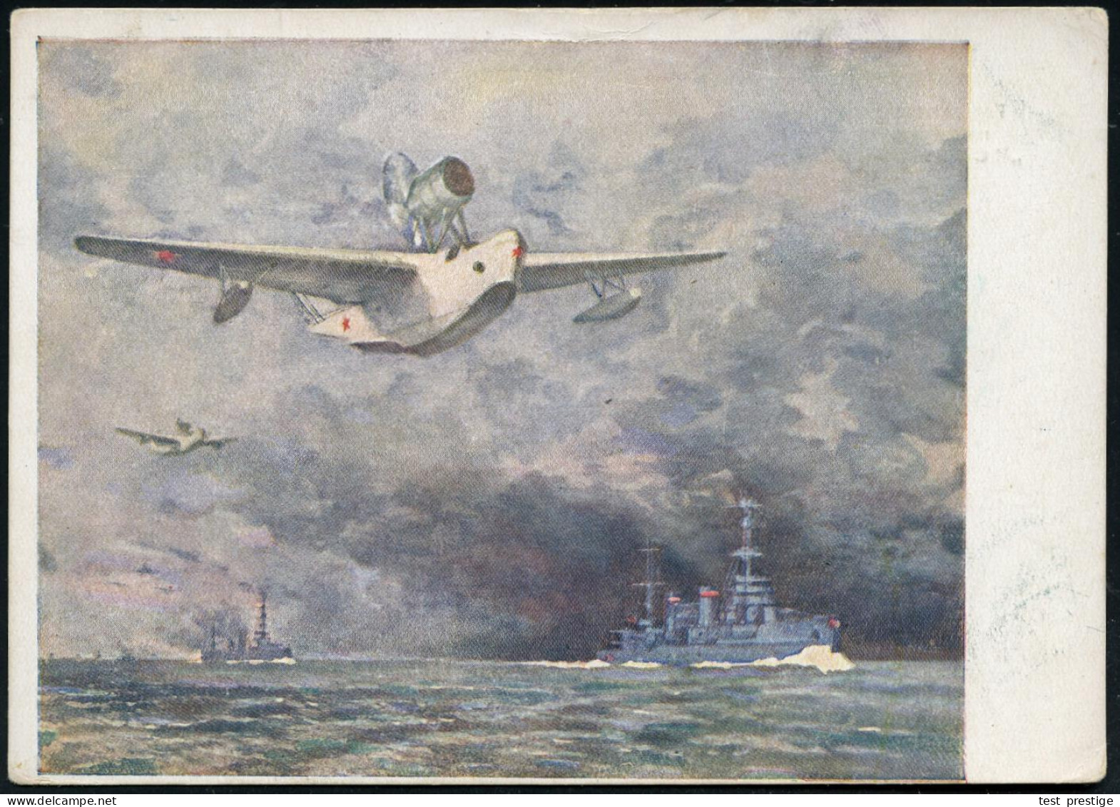 UdSSR 1941 Color-Propaganda-Künstler-Ak: Marine-Flugboote "Beriev MBR-2" über Kampfschiffen (Gemälde) Ungebr., - MILITÄR - Avions