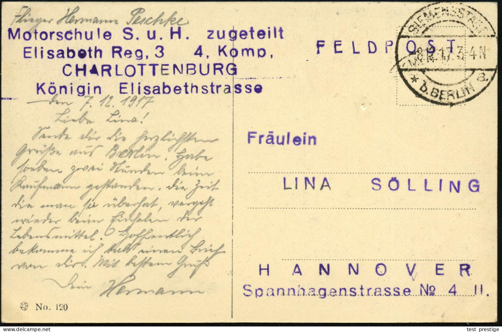 Berlin-Siemensstadt 1917 (8.12.) 1K-Steg: SIEMENSSTADT/* B. BERLIN/a + Viol. Setzkasten-4L: Motorschule S. U. H. Zugetei - Flugzeuge
