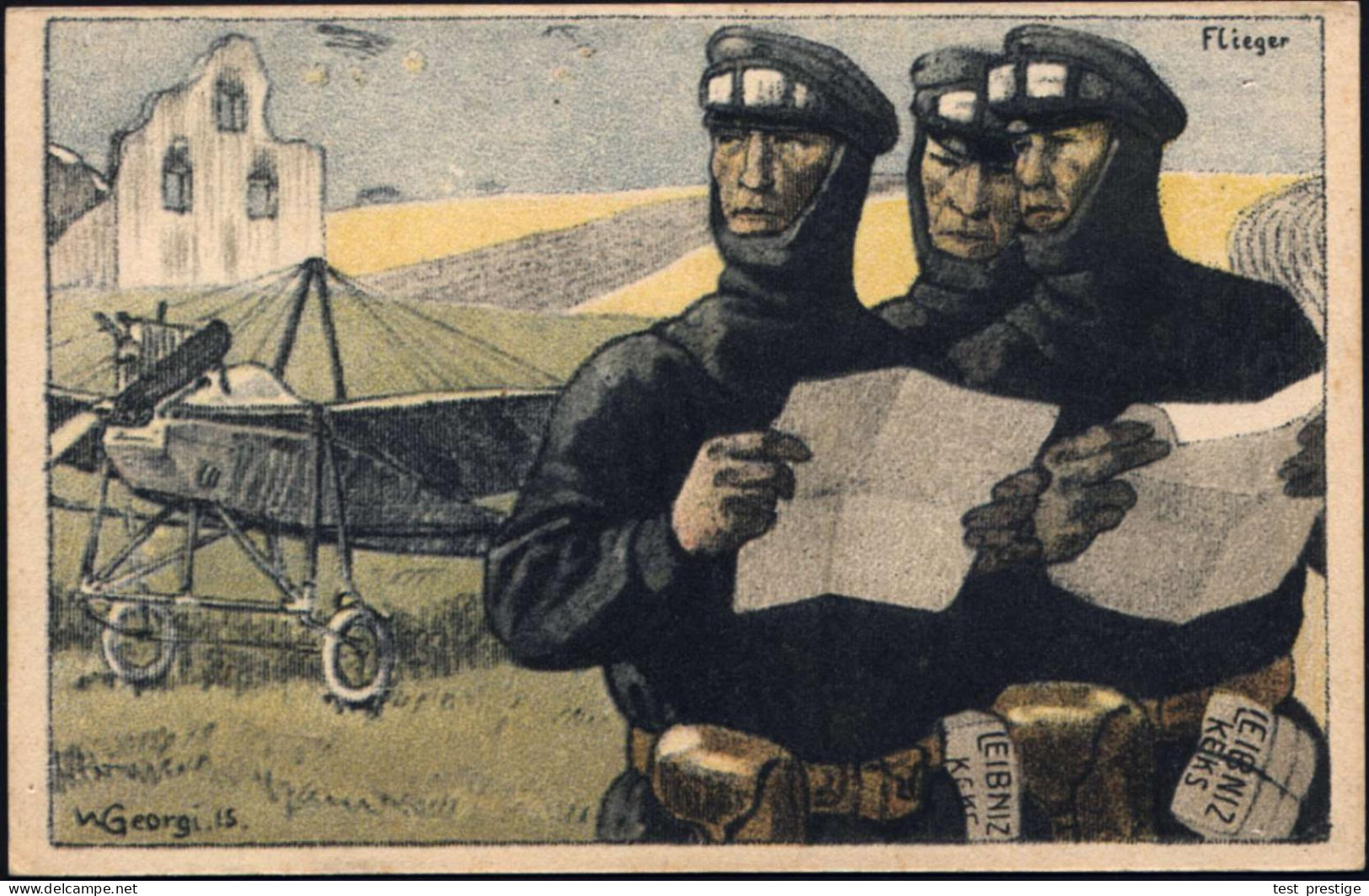 DEUTSCHES REICH 1917 (ca.) Color-Künstler-Reklame-Ak.: H. BAHLSEN-KEKS, HANNOVER = 3 Kampflieger Gelandet Orientieren Si - Airplanes