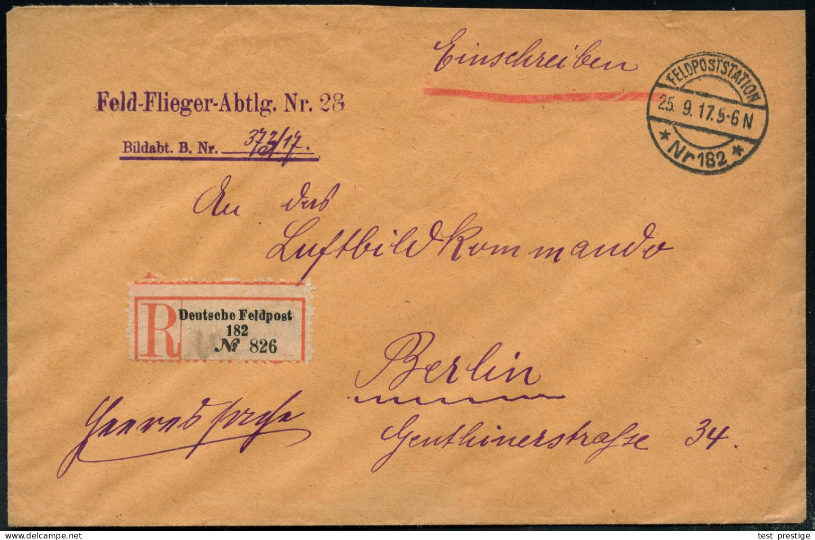 DEUTSCHES REICH 1917 (25.9.) 1K-Brücke: FELDPOSTSTATION/* Nr 192 * + Gez. RZ: Deutsche Feldpost/ 182 + Viol. Abs.-2L: Fe - Flugzeuge