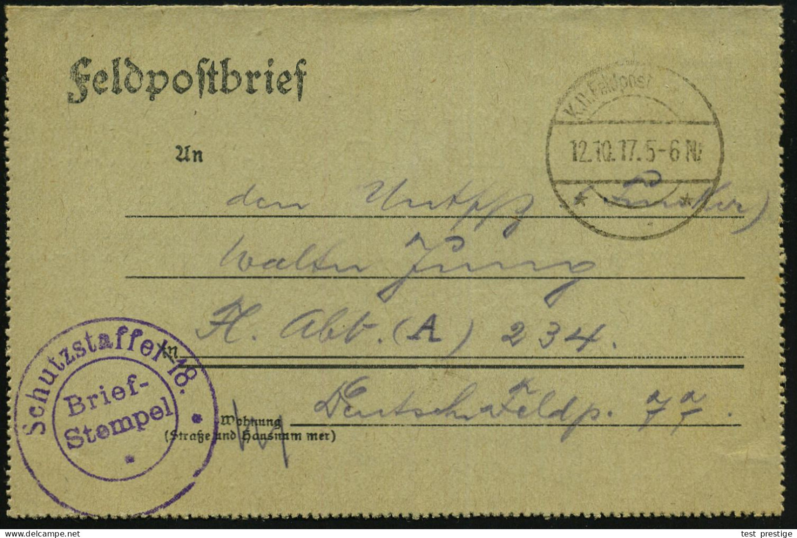 DEUTSCHES REICH 1917 (12.10.) Aptierte 1K-Brücke: K. D. Feldpost/** = Tarnstempel + Seltener, Viol. 2K-HdN: Schutzstaffe - Aviones