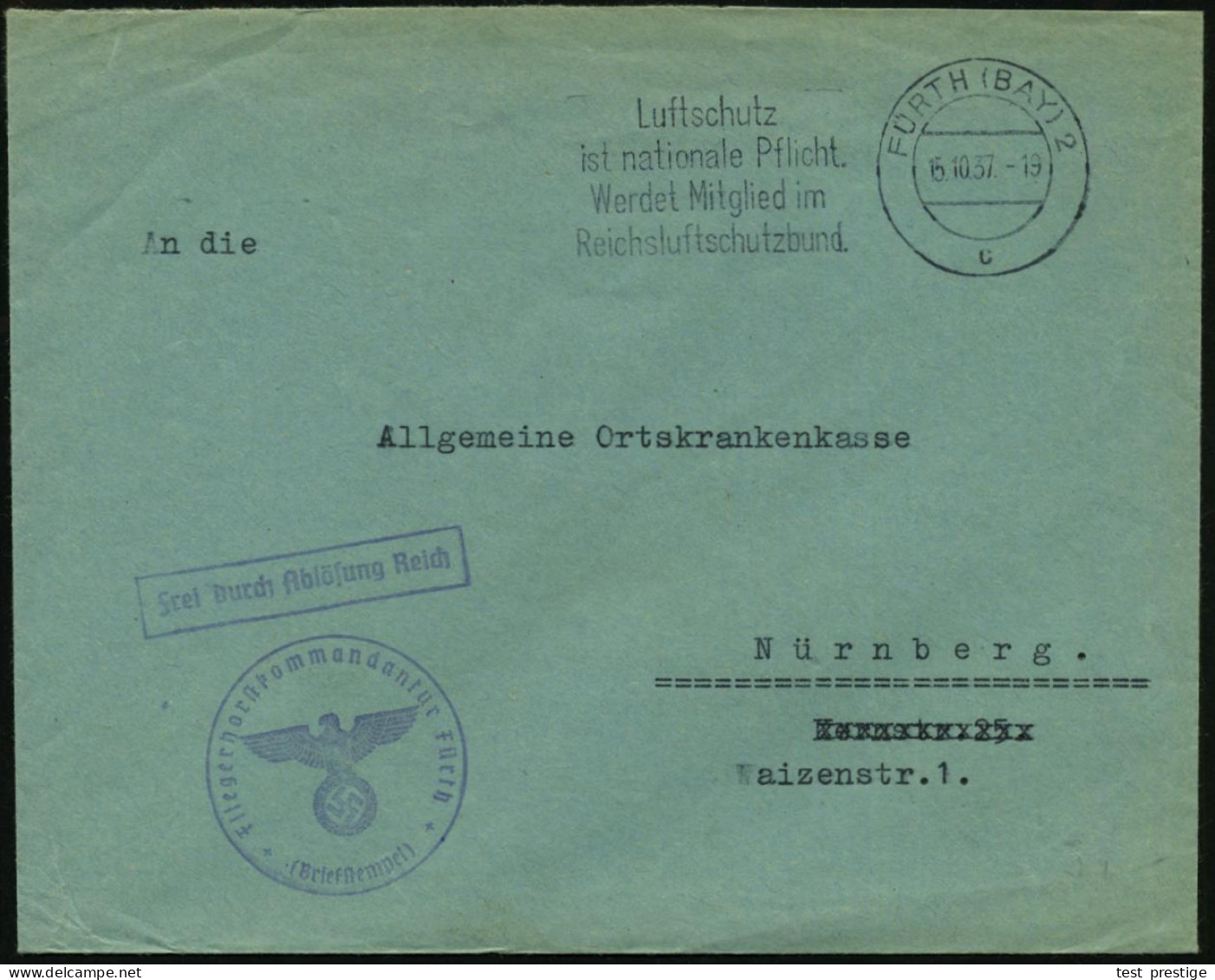 FÜRTH (BAY) 2/ C/ Luftschutz/ Ist Nationale Pflicht.. 1937 (15.10.) MWSt + HdN: FdAR/ Fliegerhorstkommandatur Fürth , Kl - Avions