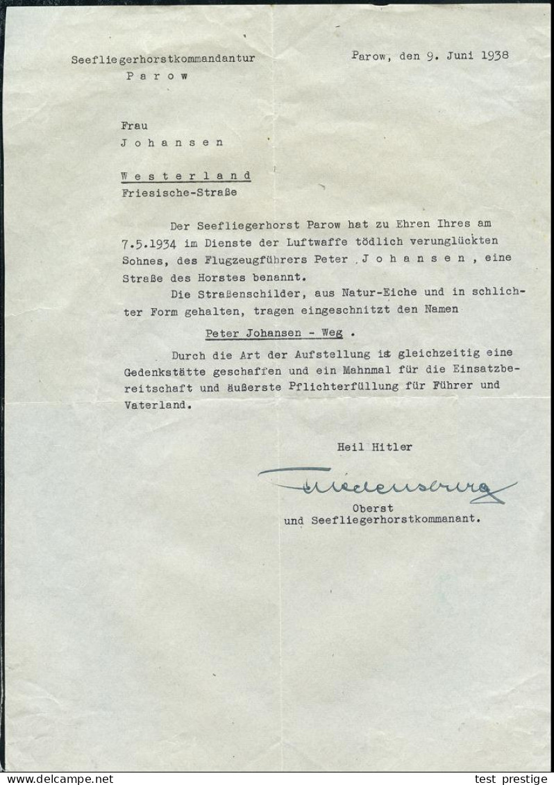 Parow 1938 (9.6.) Briefbogen "Seefliegerhorst Parow" Betr. Bennenung Einer Straße Nach Einem Tödlich Verunglückten Flieg - Airplanes