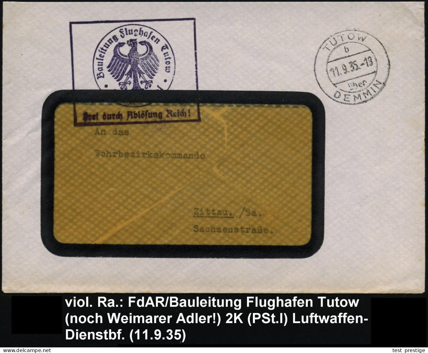 TUTOW/ B/ über/ DEMMIN 1935 (11.9.) 2K-Steg = PSt. I + Viol. Ra.: Bauleitung Flughafen Tutow/FdAR, Noch Alter Weimarer A - Airplanes