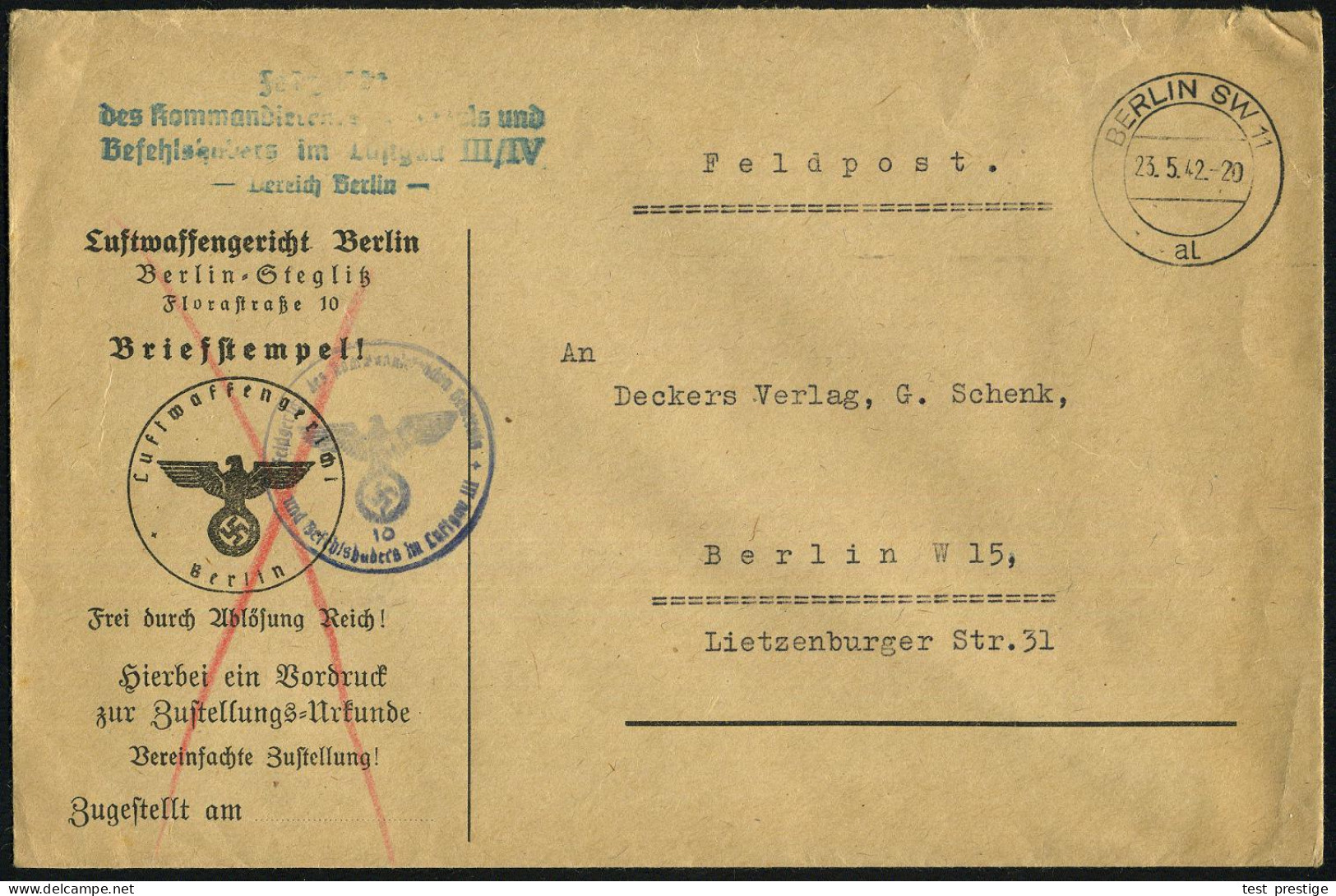 BERLIN SW 11/ Al 1942 (23.5.) 2K-MaSt. Ohne Werbefahne + 1K-HdN: Feldgericht Des Kommandierenden Generals/ Und Befehlsha - Airplanes