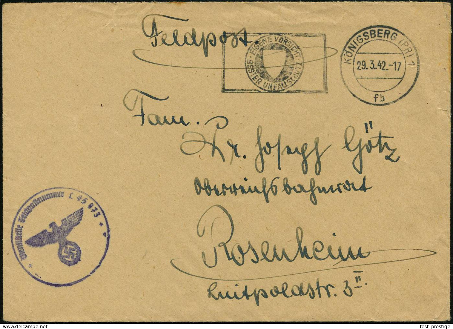 KÖNIGSBERG (PR)1/ Fb/ EIGENE VORSICHT/ BESTER UNFALLSCHUTZ 1942 (29.3.) MWSt + Viol. 1K-HdN: Dienststelle Fp.Nr.L 45 973 - Aviones