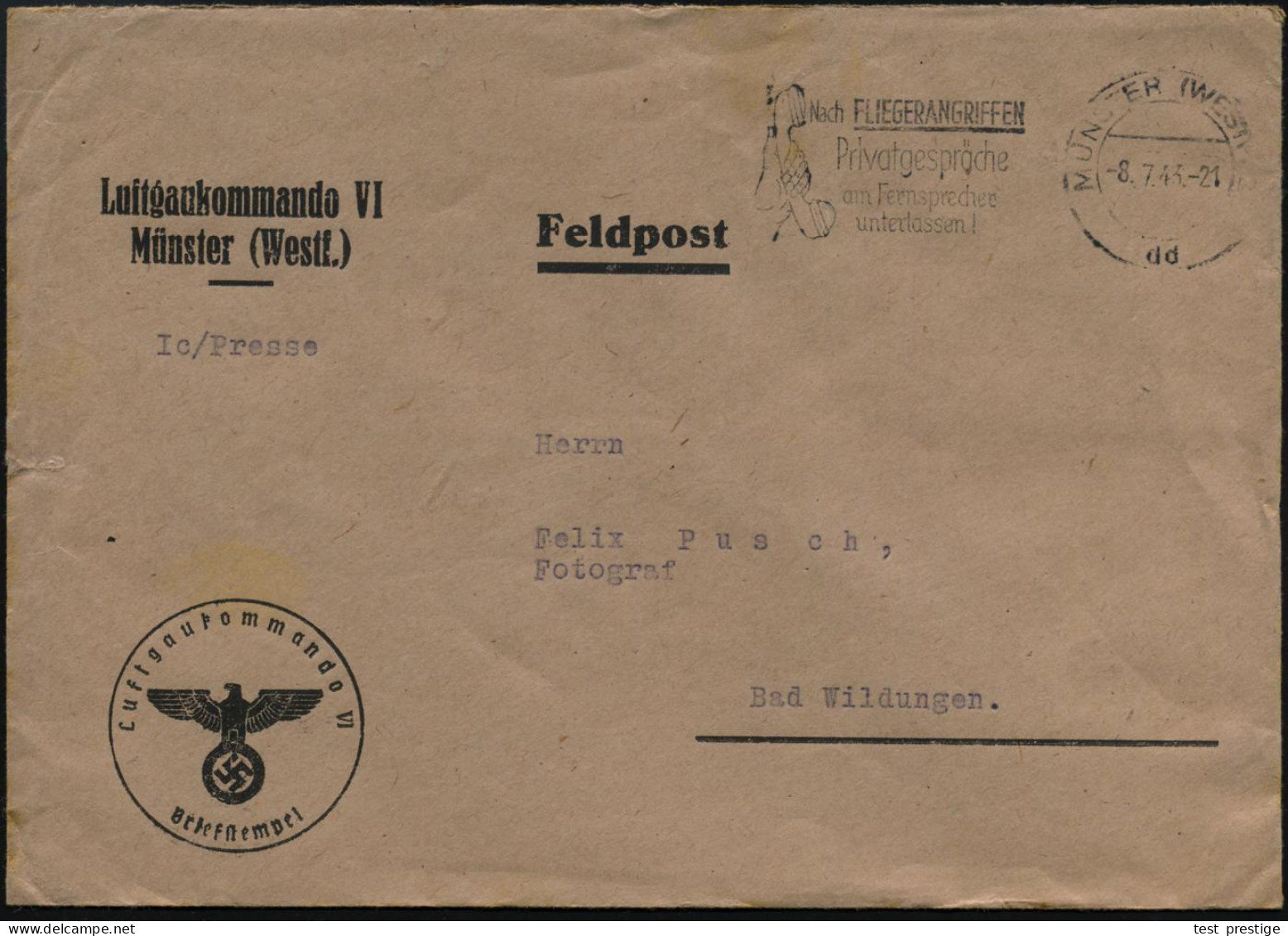 MÜNSTER (WESTF) 2/ Dd/ Nach FLIEGERANGRIFFEN/ Privatgespräche/ Am Fernsprecher/ Unterlassen! 1944 (8.7.) MWSt (Hand Mit  - Aviones