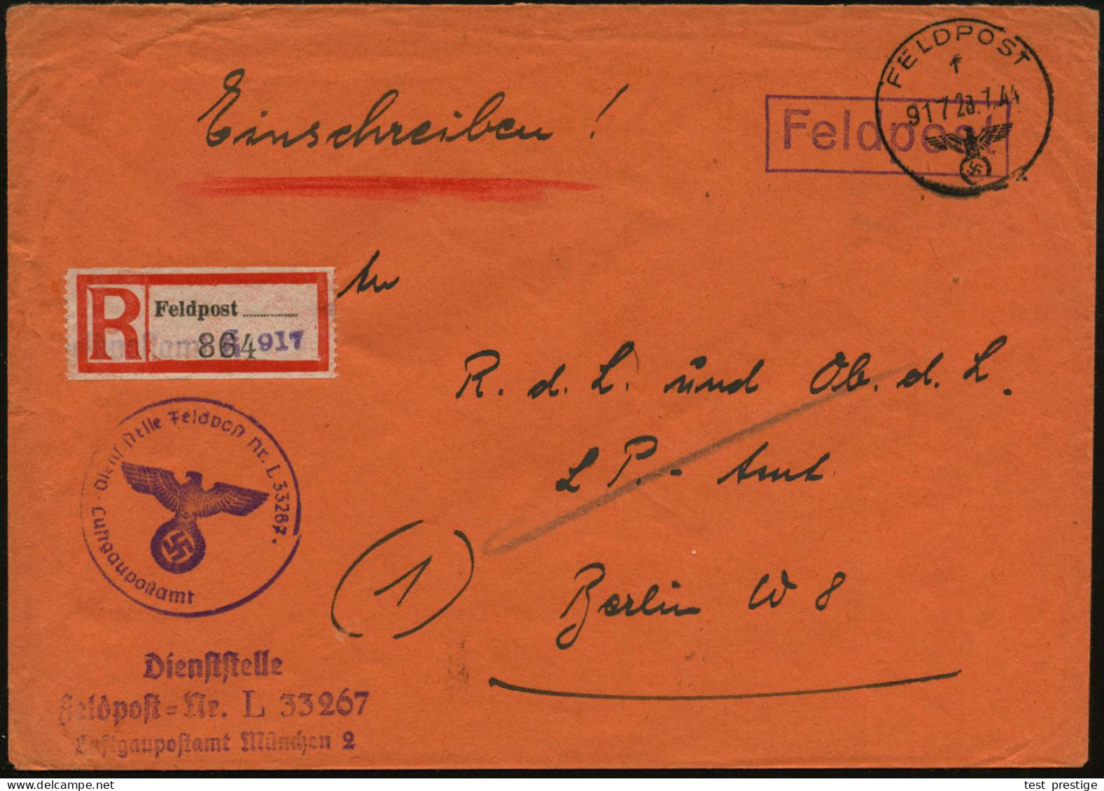 DT.BES.GRIECHENLAND 1941 (28.7.) 1K: FELDPOST/f/917 + Provis. RZ: Feldpost 917 (viol. 1L Zugestempelt) = Fp.-Amt 731 Bal - Avions