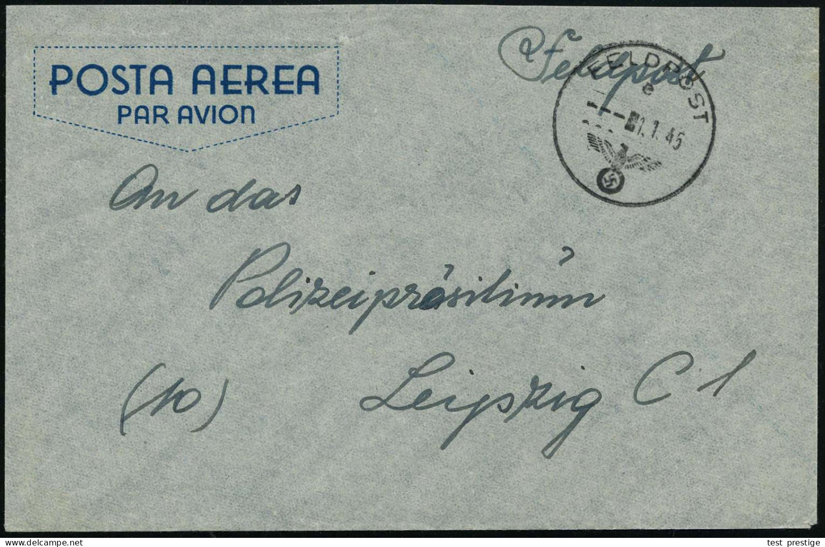 DT.BES.ITALIEN 1945 (1.1.) 1K: FELDPOST/e/--- Auf Italienischem Beuteumschlag "POSTA AEREA" (Mi.26 + 15.- EUR) Rs. Hs. A - Avions