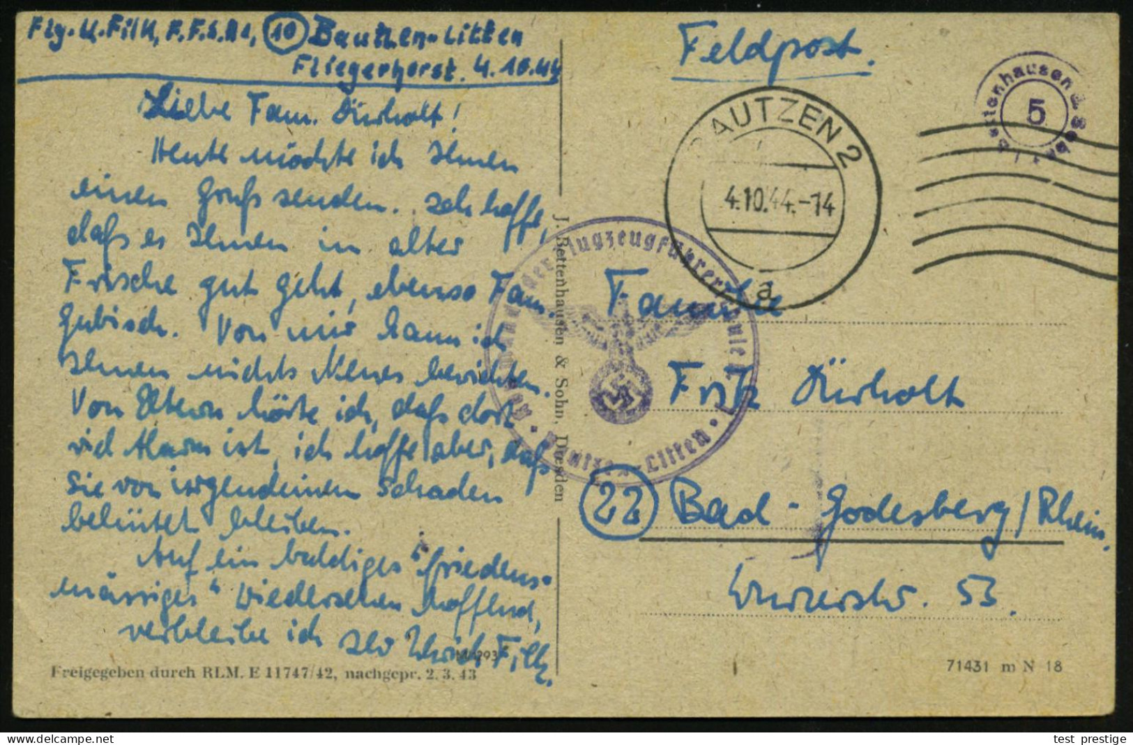BAUTZEN 2/ A 1944 (4.10.) MaWellenSt. + Viol. 1K-HdN: Kommando Der Flugzeugführerschule/ Bautzen-Litten + Hs. Abs.: "..B - Avions