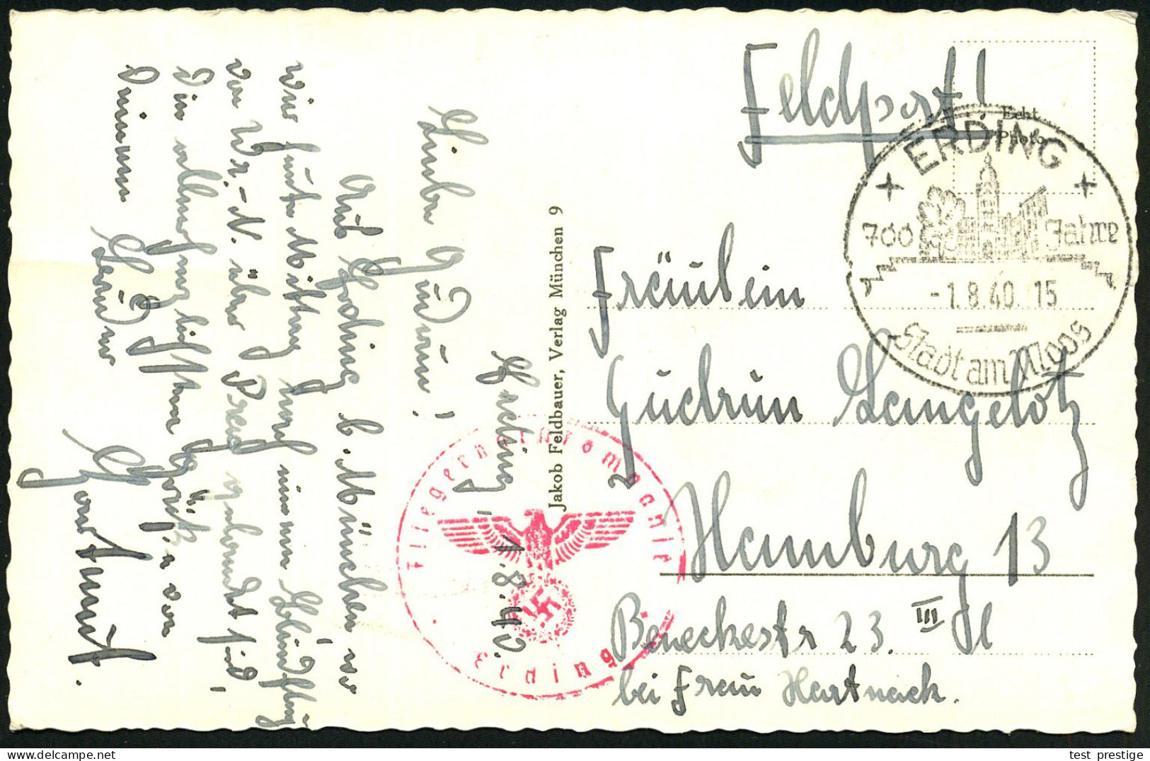 ERDING/ 700 Jahre/ Stadt Am Moos 1940 (1.8.) HWSt. (Ort Mit "Schönem Turm") + Roter 1K-HdN: Fliegerhorstkompanie/ Erding - Flugzeuge