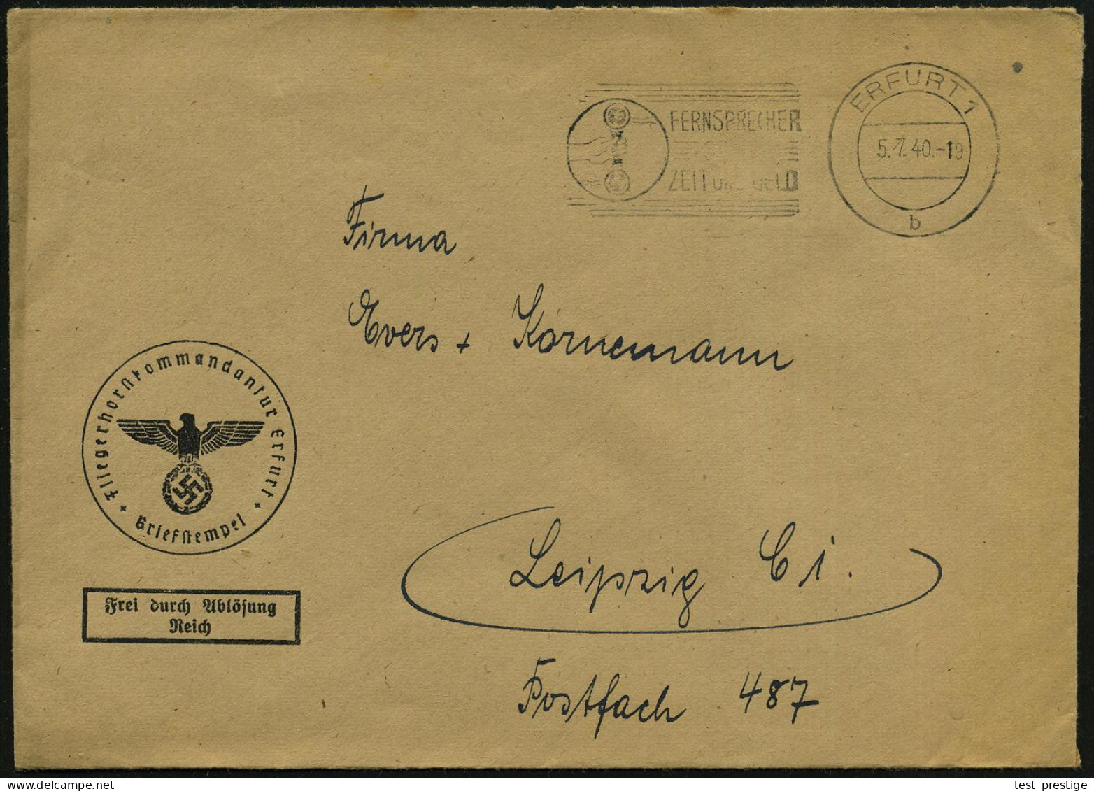 ERFURT 1/ B/ FERNSPRECHER/ SPART/ ZEIT U:GELD 1940 (5.7.) MWSt Auf Dienst-Bf.: Fliegerhorstkommandantur Erfurt/ FdAR (NS - Aviones