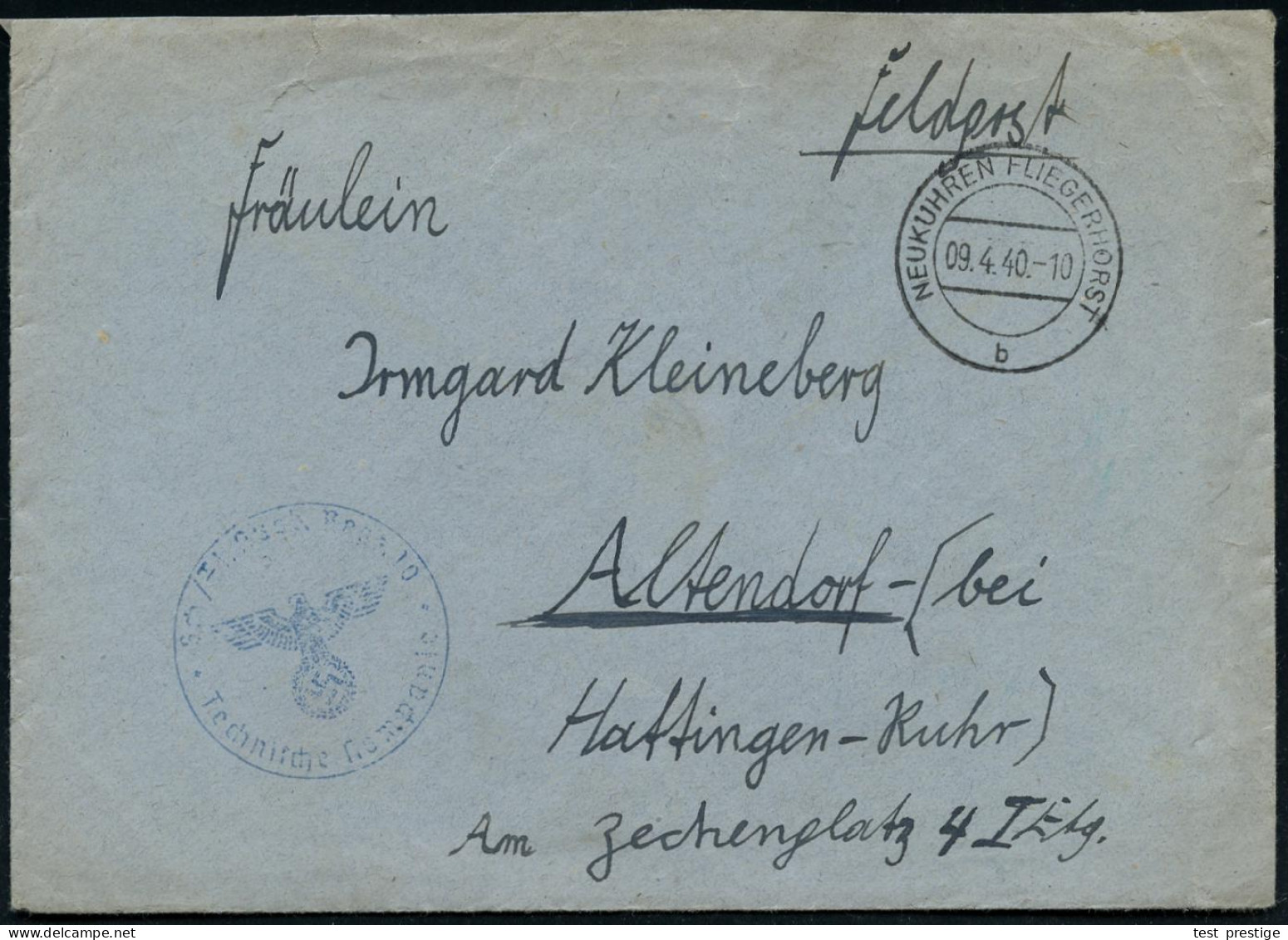 NEUKUHREN FLIEGERHORST/ B 1940 (9.4.) Seltener 2K-Steg = Hauspostamt Fliegerhorst + Blauer 1K-HdN: Fl.(ieger) Ausb. Regt - Avions