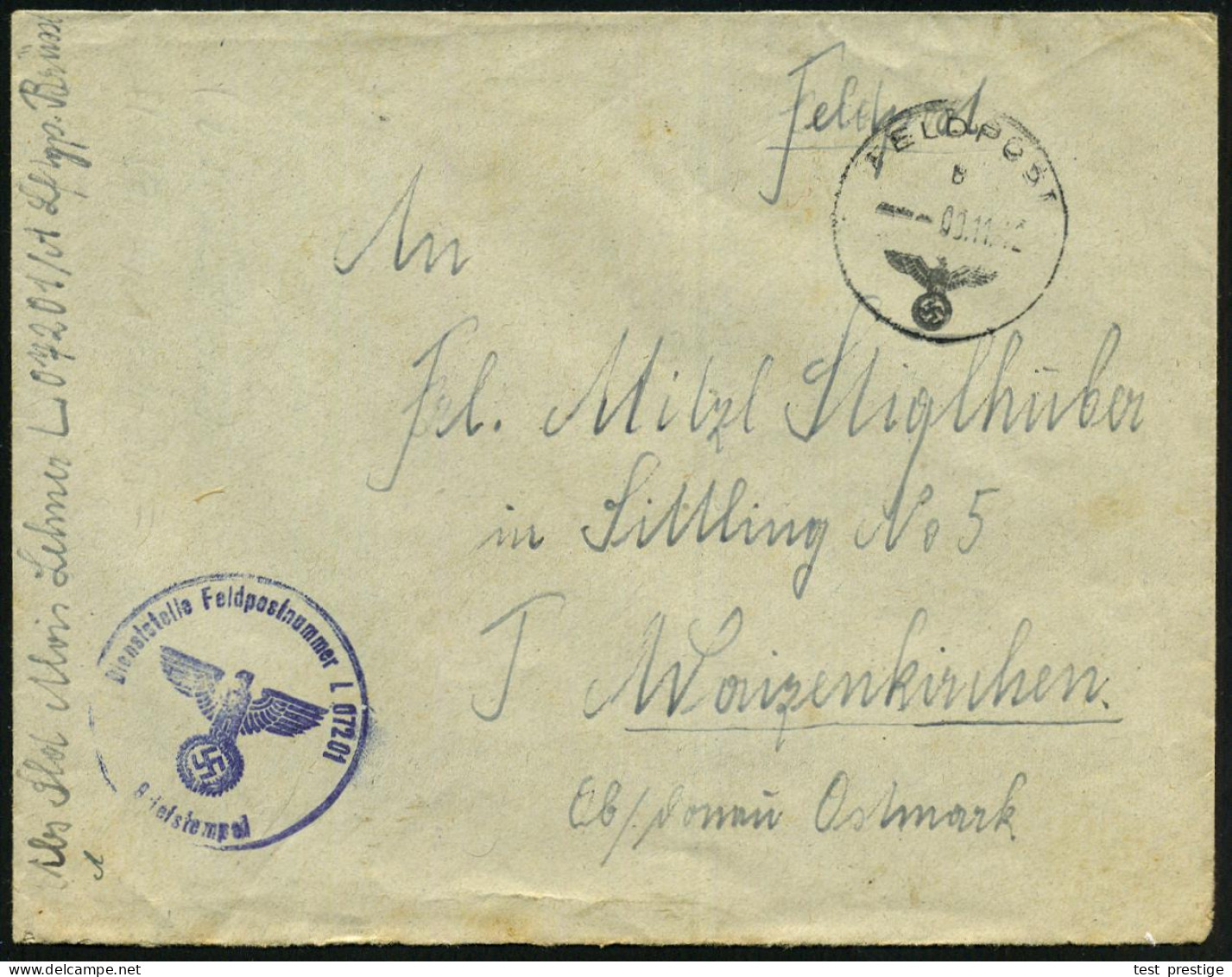 DT.BES.BELGIEN 1942 (9.11.) 1K: FELDPOST/b/--- + Blauer 1K-HdN: .. Feldpostnummer L 07201 = Fliegerhorst Kdtr. (E) 2/I , - Aviones