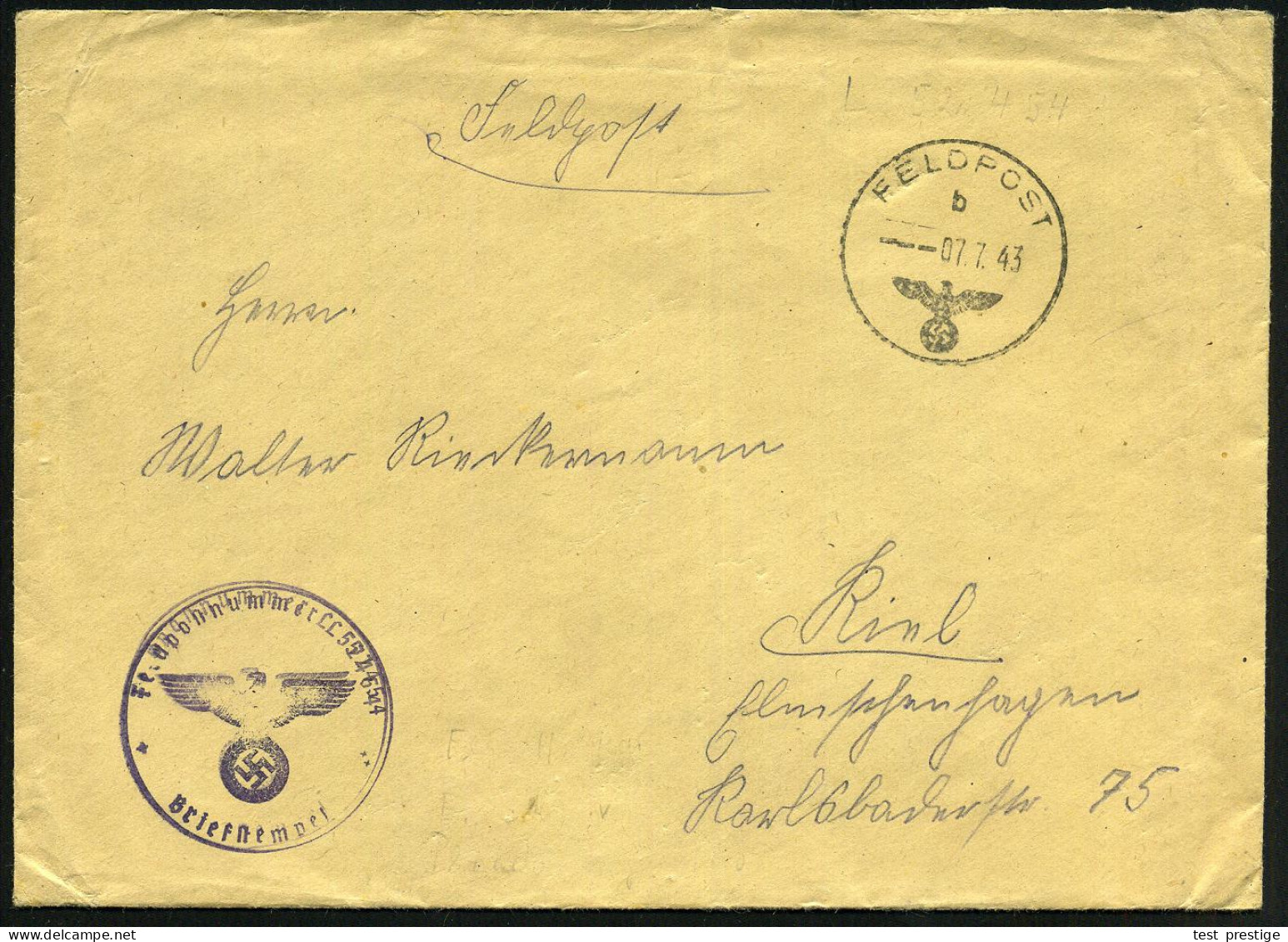 DT.BES.GRIECHENLAND 1943 (7.7.) 1K: FELDPOST/b/--- + Viol. 1K-HdN.: Fp.-Nr. 52 454 = Flieferhorst-Kdr. (E) 217/XVII, Pla - Avions