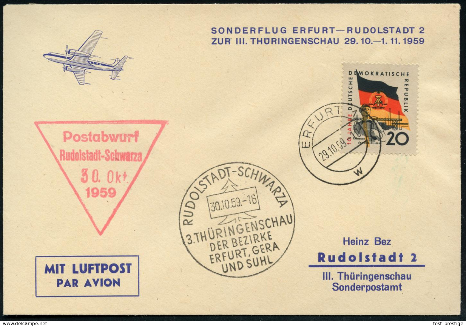 Erfurt /  Rudolstadt 1959 (29.10.) 2K-Steg: ERFURT 1/w + HWSt: RUDOLSTADT-SCHWARZA/3.THÜRINGENSCHAU + Amtl. HdN: (Fallsc - Parachutisme