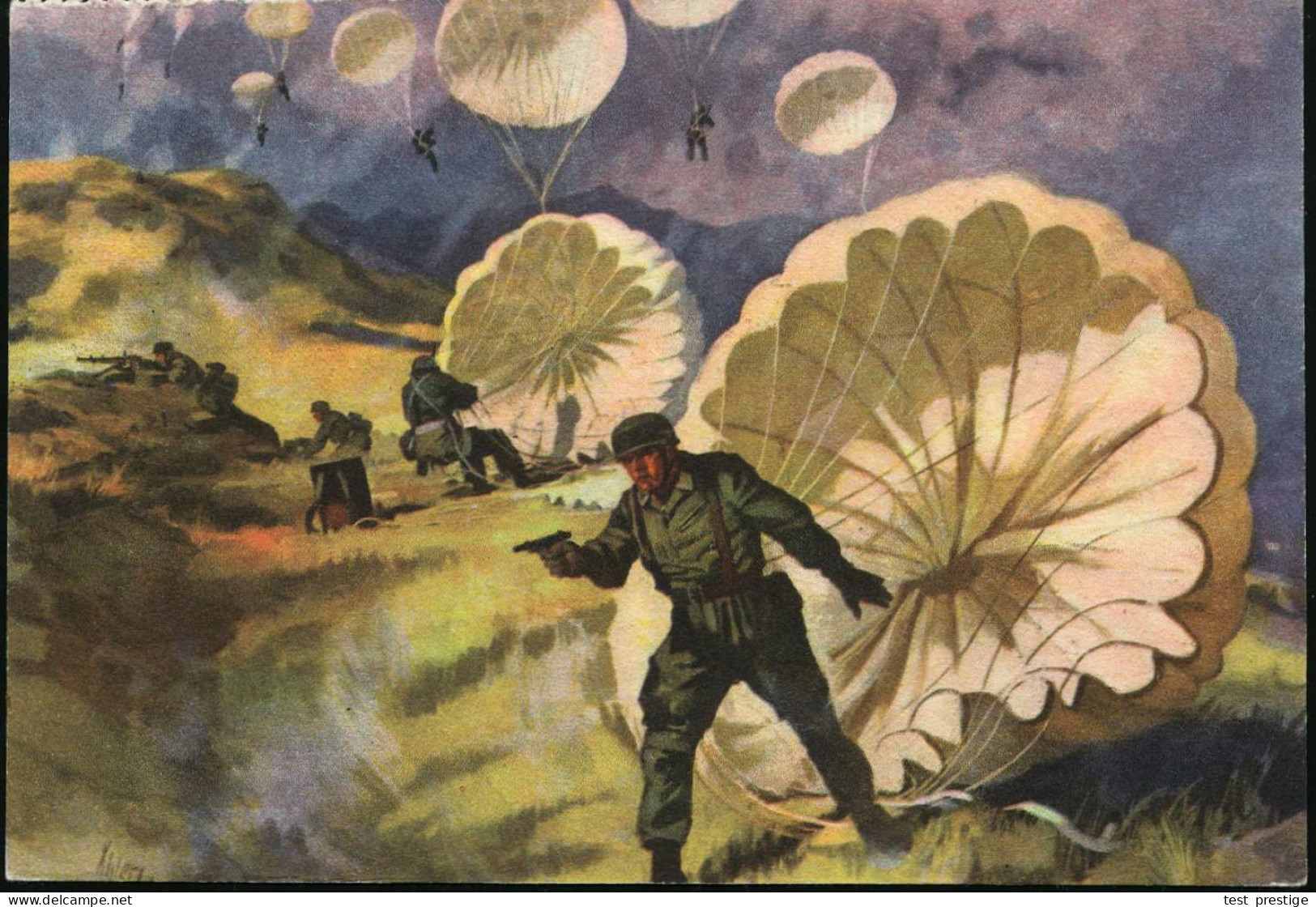 DEUTSCHES REICH 1943 (30.1.) Color-Propaganda-Künstler-Ak.: Fallschirmjäger Landen In Kreta (NSKOV-Kalenderkt.) Ungebr.  - Fallschirmspringen