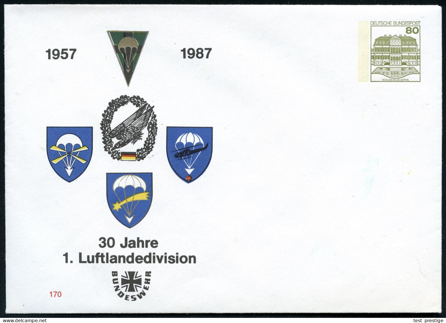 B.R.D. 1987 PU 80 Pf. Burgen, Oliv: 1957 1987, 30 Jahre 1. Luftlandedivision (Fallschirm-Abzeichen) Ungebr. - FALLSCHIRM - Fallschirmspringen