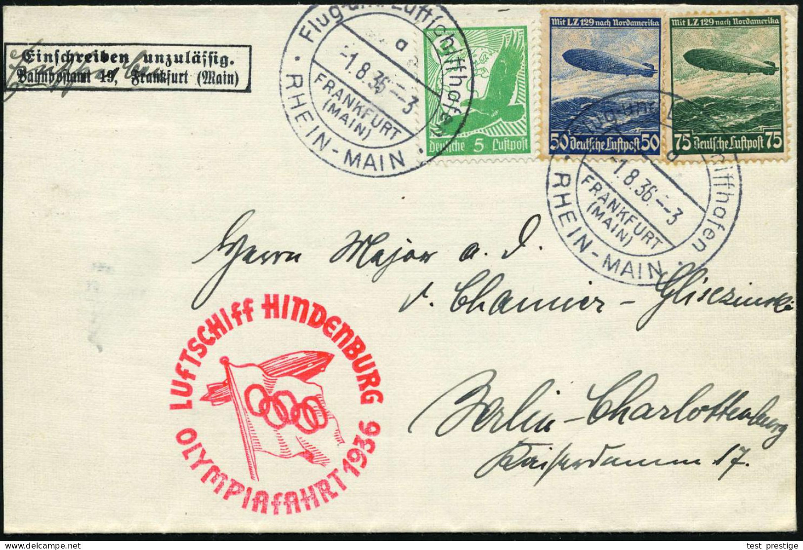 FRANKFURT/ (MAN)/ A/ Flug-u.Luftschiffhafen/ RHEIN-MAIN 1936 (1.8.) HWSt Auf Kompl. Zepp.-Satz + 5 Pf. Adler (Mi.529, 60 - Zeppelines