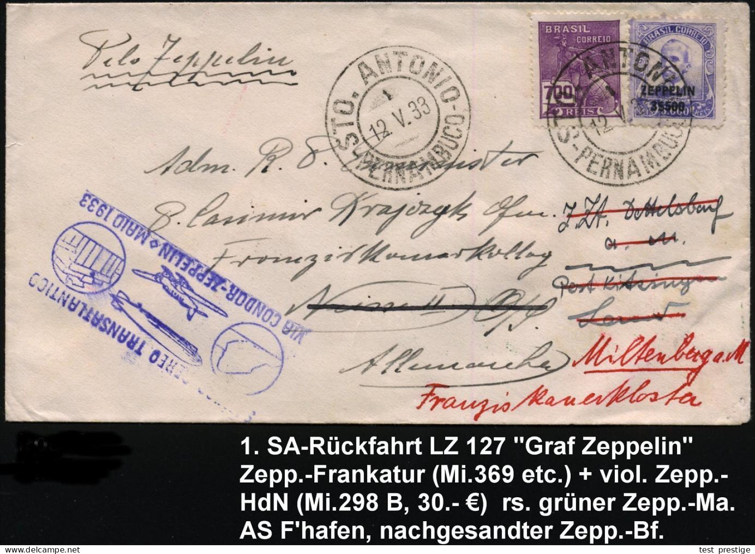 BRASILIEN 1933 (12.5.) 1. SA-Rückfahrt LZ 127, 3.500 Rs. Zeppelin-Marke (Mi.369 U.a., + 110.-MM) + B L A U E R  Zepp.-Hd - Zeppelins