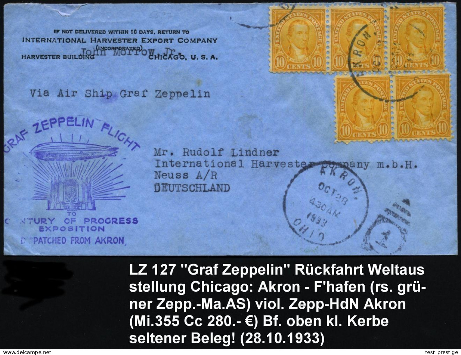 U.S.A. 1933 (28.10.) Weltausstellung-Chicagofahrt , 5x 10 C. Monroe = MeF + Viol. Zepp.-HdN: GRAF ZEPPELIN FLIGHT/TO/ CE - Zeppelines