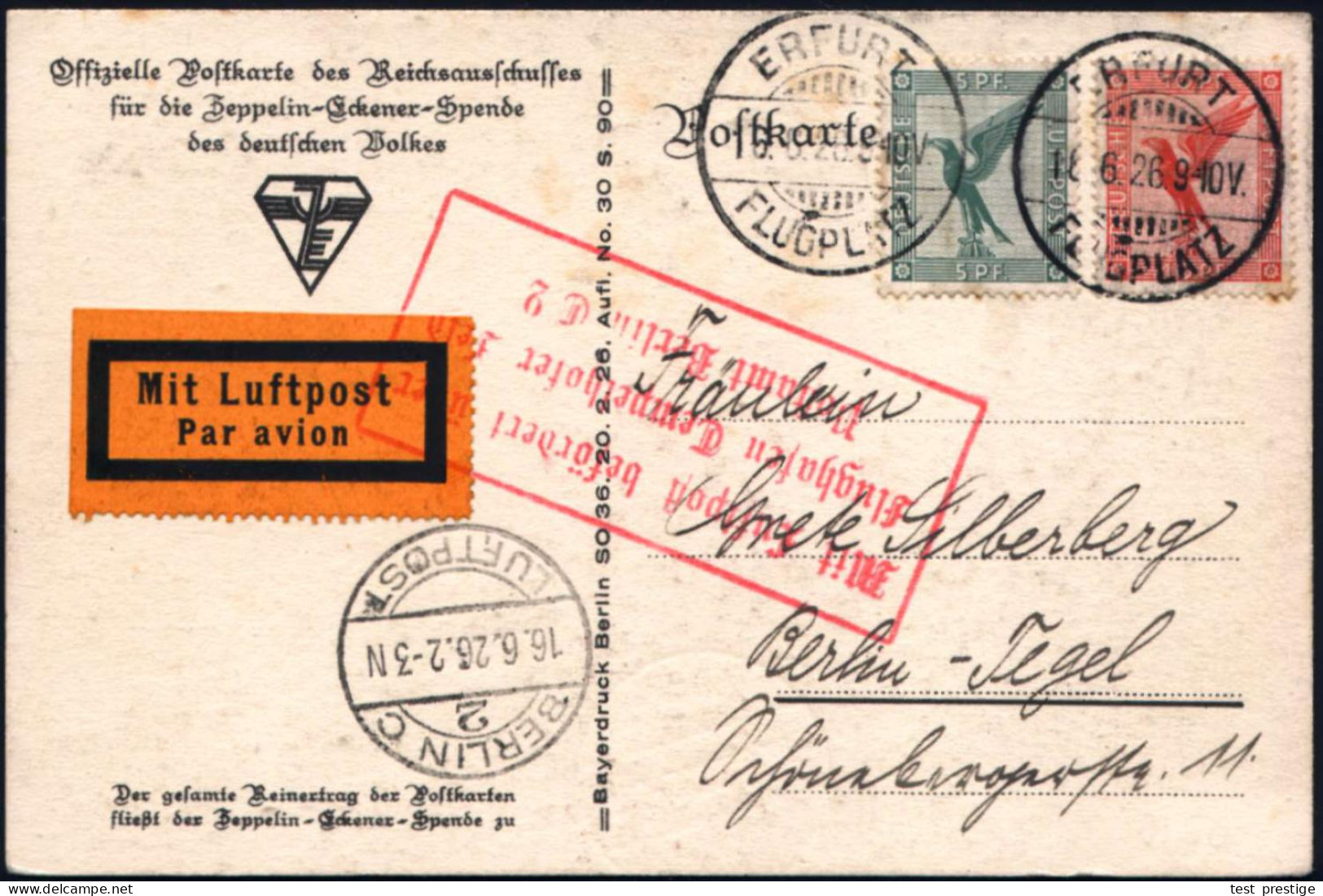 ERFURT/ FLUGPLATZ 1926 (16.6.) 1K-Gitter Auf Adler 5 U. 10 Pf. (Mi.378/9) (einige Stockpunkte) + Roter Ra.: MLb über/ Fl - Zeppelins