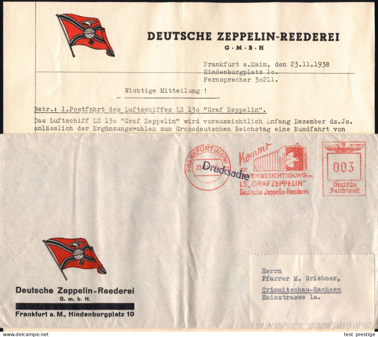FRANKFURT (MAIN)9/ Kommt/ Zur/ INNENBESICHTIGUNG DES/ LS "GRAF ZEPPELIN"/ Deutsche Zeppelin-Reederei 1938 (23.11.) Gesuc - Zeppeline