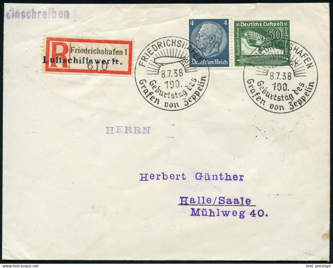 FRIEDRICHSHAFEN/ 100./ Geburtstag Des/ Grafen V.Zeppelin 1938 (8.7.) SSt Auf Zeppelin 50 Pf. (Mi.670 U.a.) + Provis. Fir - Zeppelines