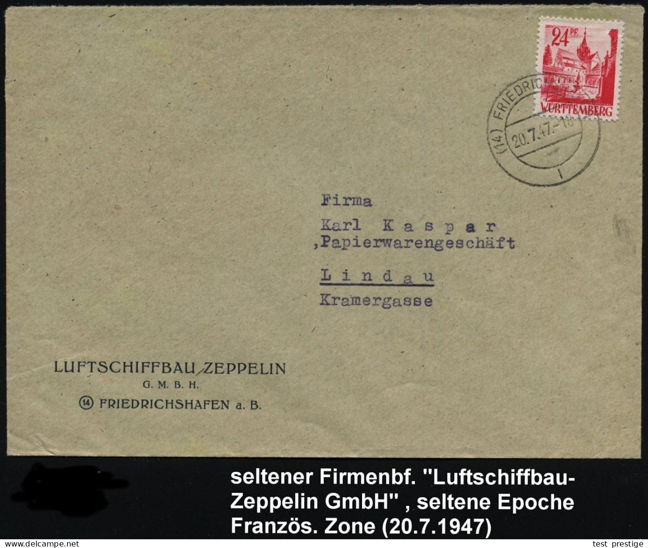 (14) FRIEDRICHSHAFEN 1947 2K-Steg Auf Firmen-Bf.: LUFTSCHIFFBAU ZEPPELIN/G.M.B.H. , EF 24 Pf. Württemg., Fernbf., Selten - Zeppelins