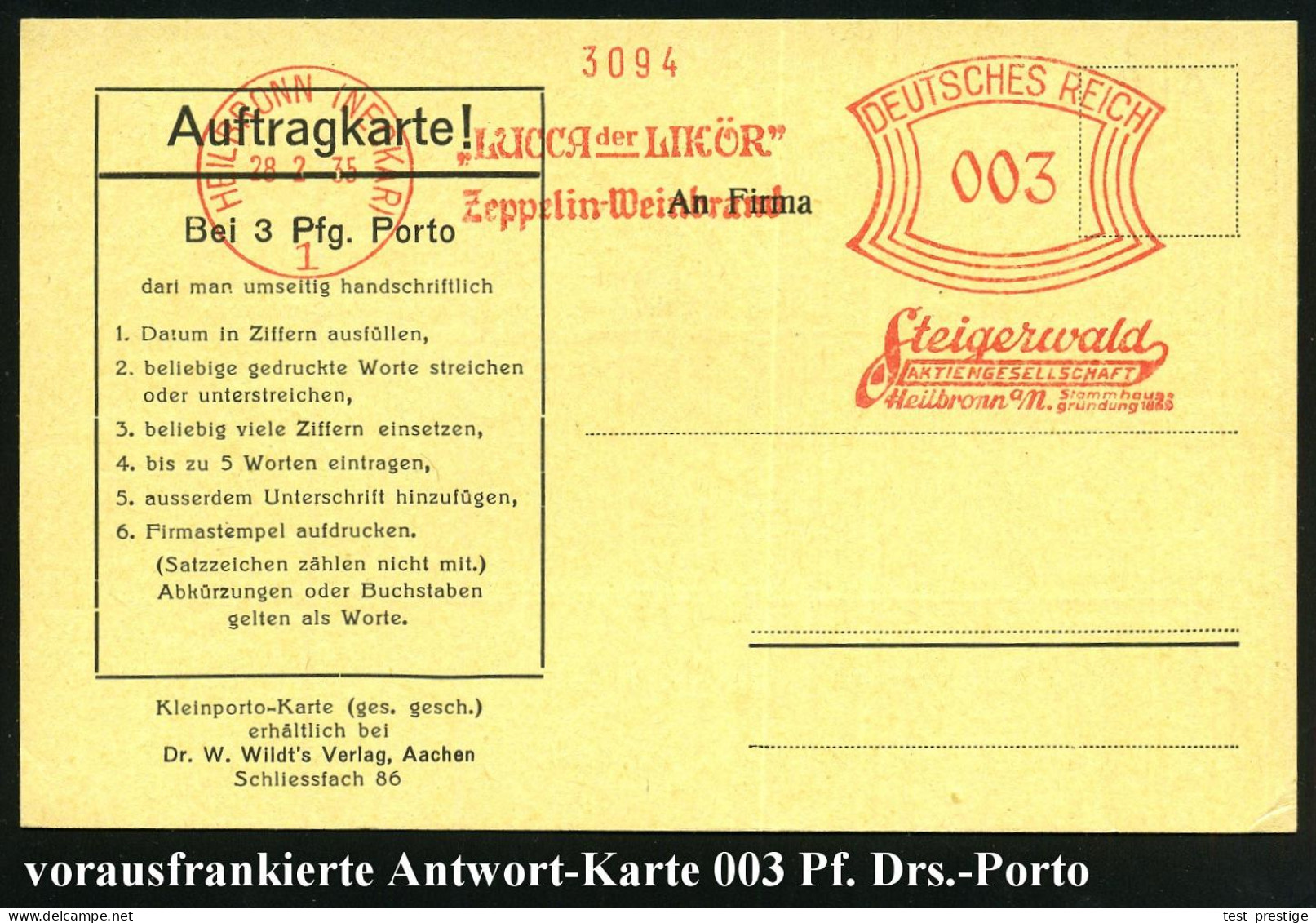 HEILBRONN (NECKAR)/ 1/ "LUCCA Der LIKÖR"/  Z E P P E L I N - Weinbrand/ Steigerwald/ AG.. 1935 (28.2.) AFS Francotyp 003 - Zeppelines