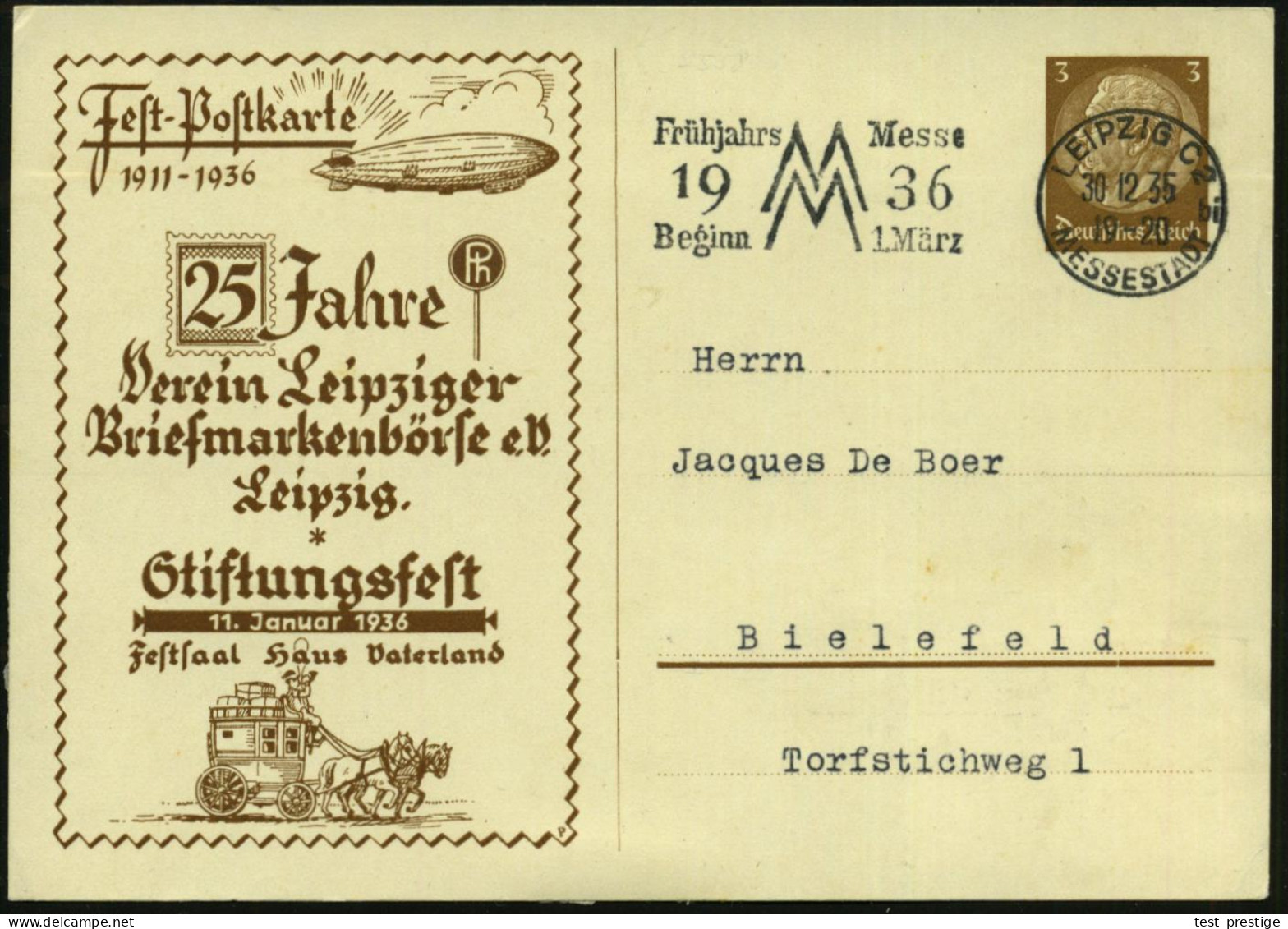 Leipzig C 1 1936 (19.4.) PP 3 Pf. Hindenbg., Braun: ..25 Jahre Verein Leipziger Briefm.-Börse.. = Zeppelin (u. Postkutsc - Zeppelines