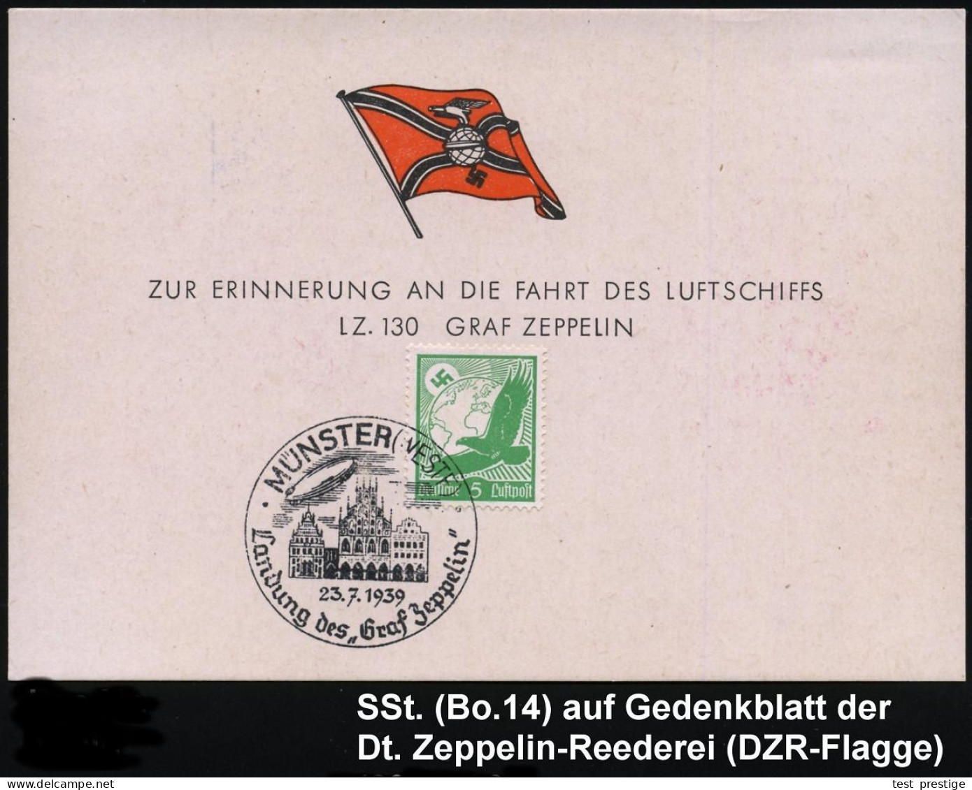 MÜNSTER(WESTF)/ Landung Des "Graf Zeppelin" 1939 (23.7.) SSt = Zeppelin (über Altstadt) Auf Zeppelin-Gedenkblatt (Bo.14) - Zeppelines