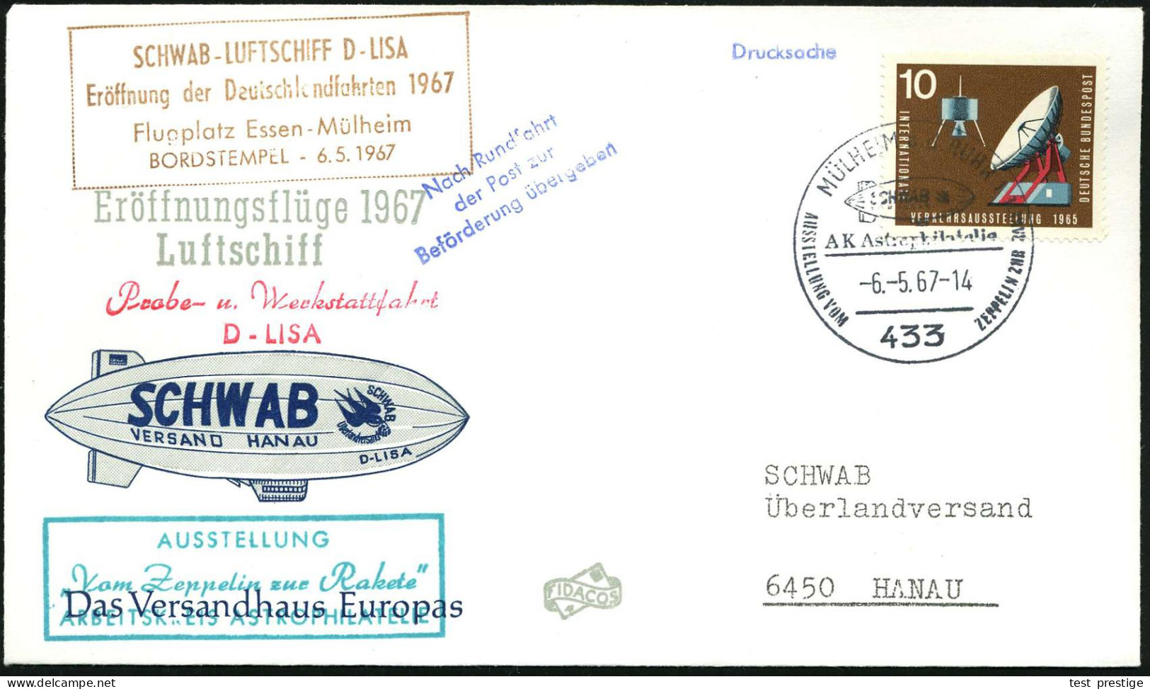 433 Mühlheim A.d.RUHR 1/ ..AUSSTELLUNG VOM ZEPPELIN ZUR RAKETE 1967 (6.5.) SSt = "Schwab"-Luftschiff (Blimp) + Roter 2L: - Zeppelines