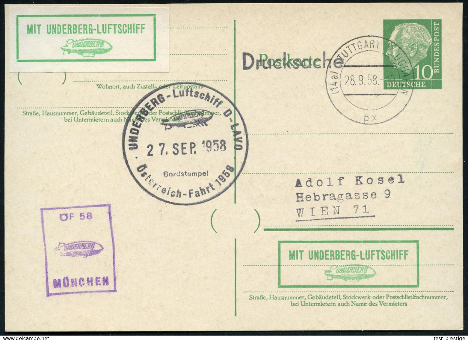 (14a) STUTTGART FLUGHAFEN/ Bx 1958 (28.9.) 2-Steg Auf Amtl.P 10 Pf. Heuss I, Grün + Zudruck: MIT UNDERBERG-LUFT-SCHIFF + - Zeppelines