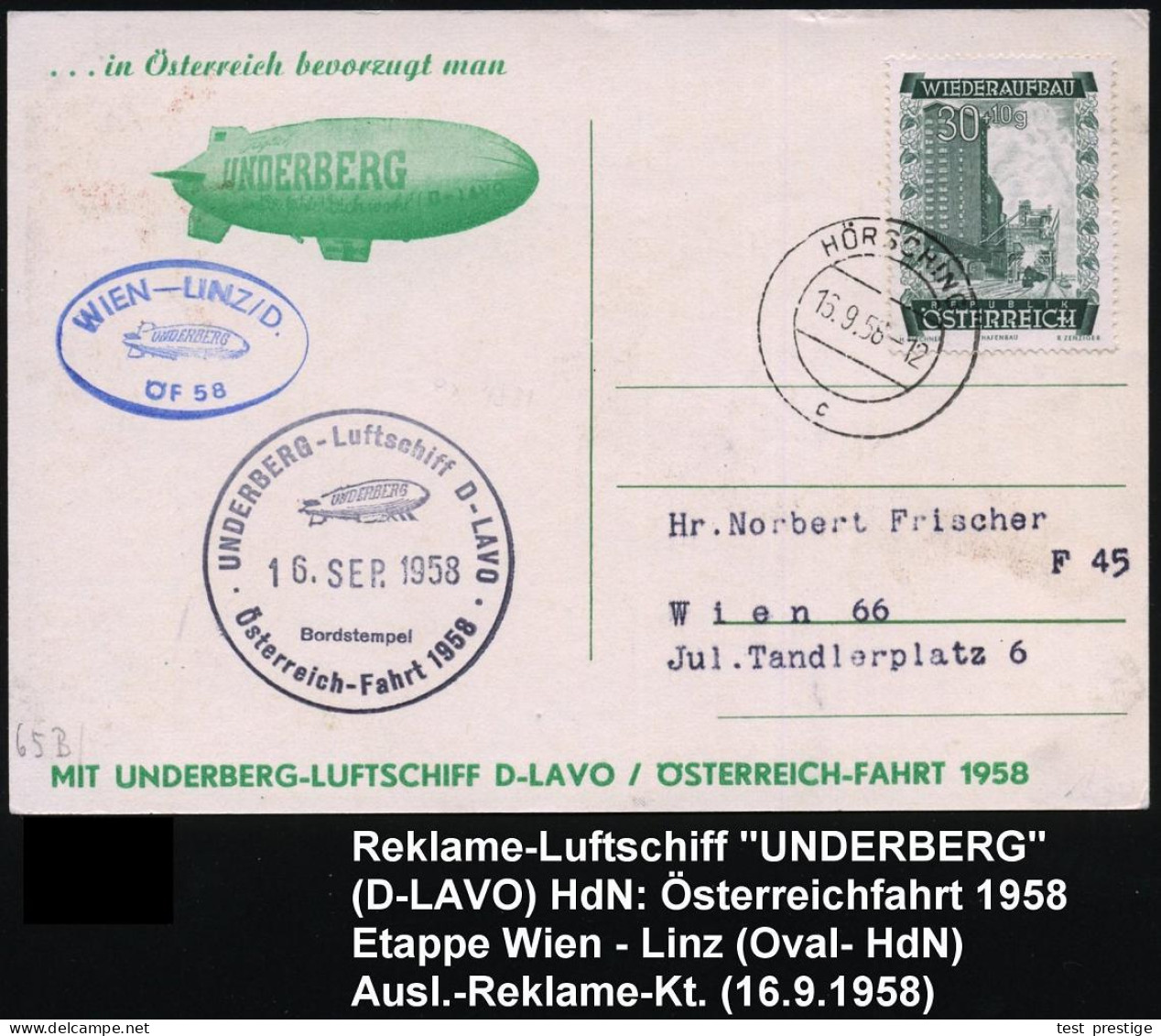 ÖSTERREICH 1958 (16.9.) 2K-Steg: HÖRSCHING/c + HdN: UNDERBERG-Luftschiff D - LAVO/Österreich-Fahrt + Oval-HdN: WIEN - LI - Zeppeline