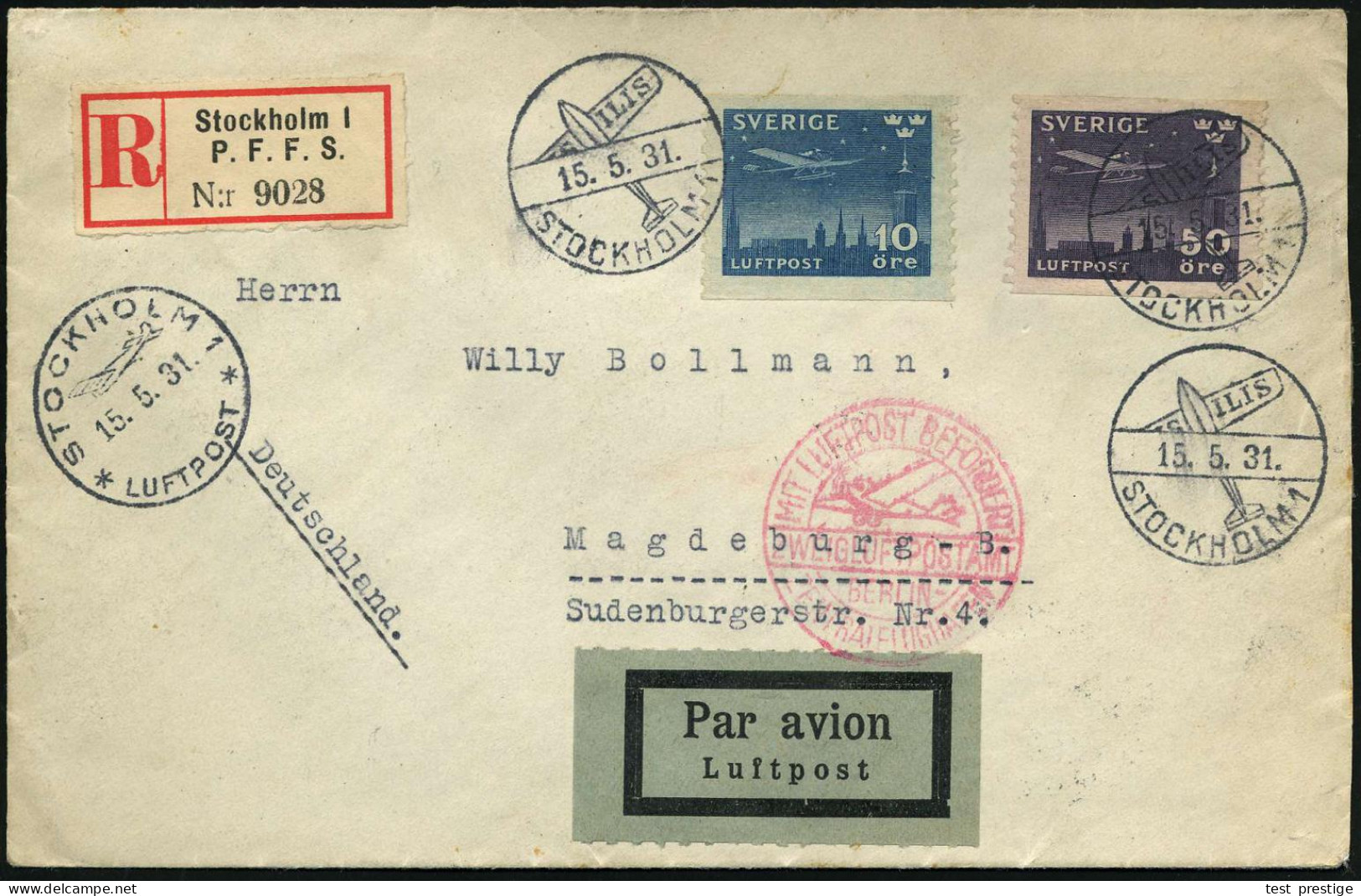 SCHWEDEN 1931 (15.5.) SSt.: STOCKHOLM/I L I S = Internat. Luftfahrt-Ausstellen (Flugzeug) 3x Auf Kompl. Satz Flp. 10 Ö.  - Avions