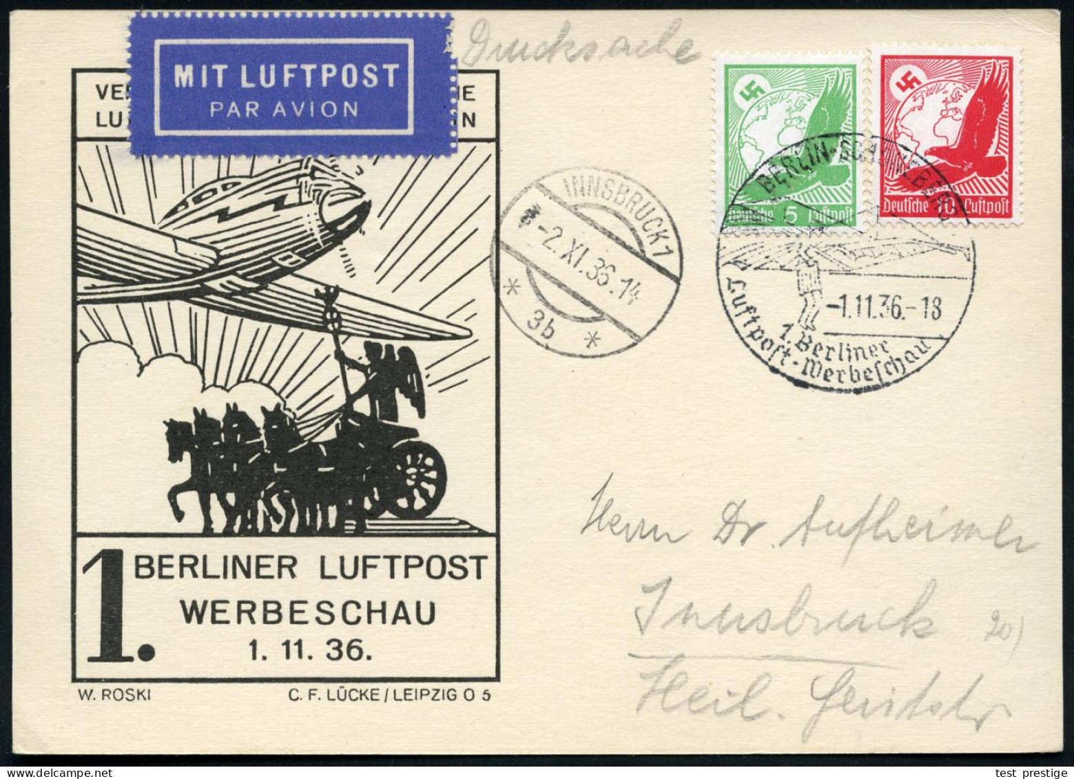 BERLIN-SCHÖNEBERG 1/ 1.Berliner/ Luftpost-Werbeschau 1936 (1.11.) SSt = Lilienthal-Segel-Gleiter Auf Flp. Adler 5 Pf. U. - Airplanes