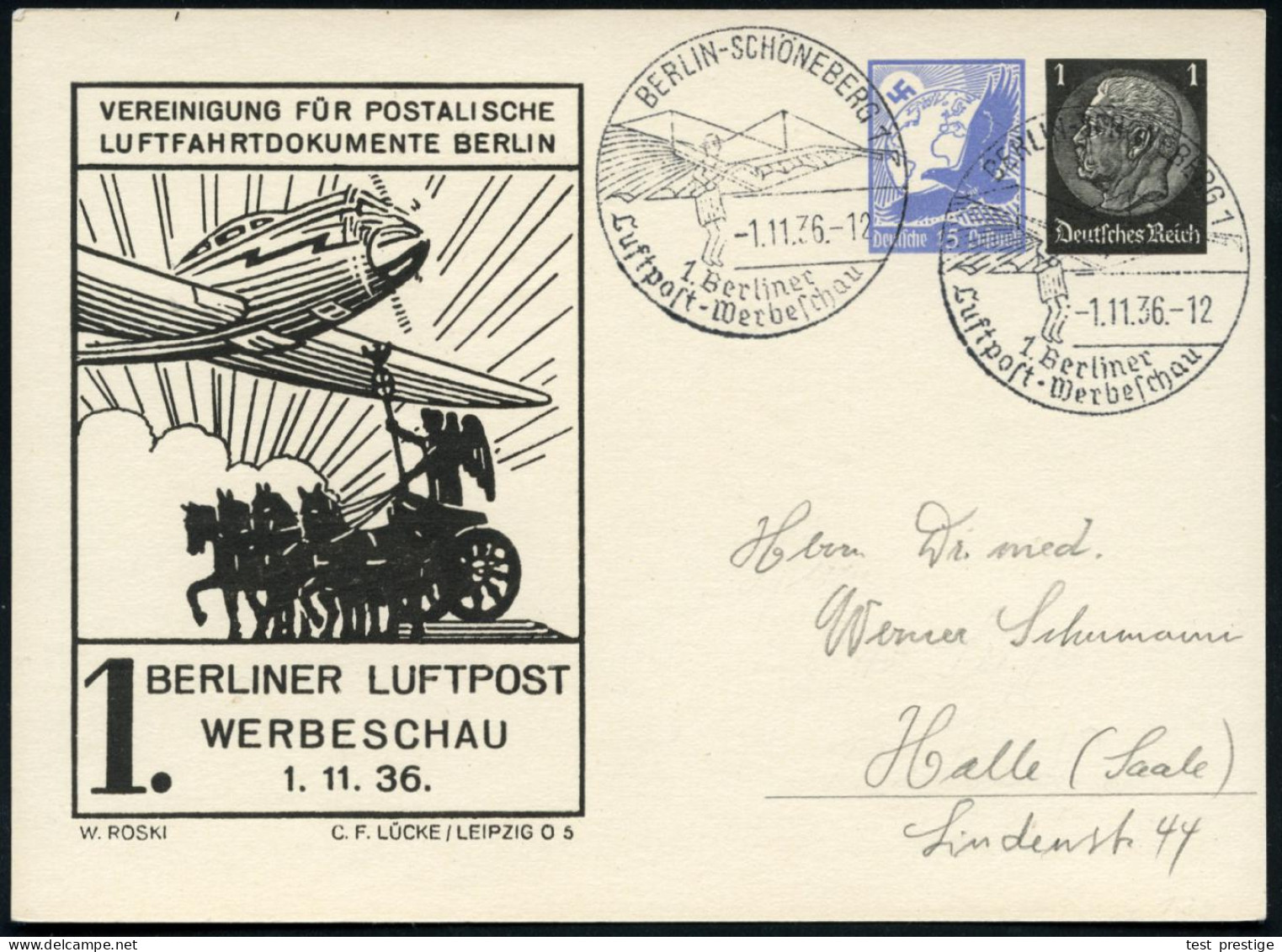 BERLIN-SCHÖNEBERG !/ 1.Berliner/ Luftpost-Werbeschau 1936 (1.11.) SSt = Lilienthal-Segel-Gleiter Auf PP 15 Pf. Adler + 1 - Flugzeuge