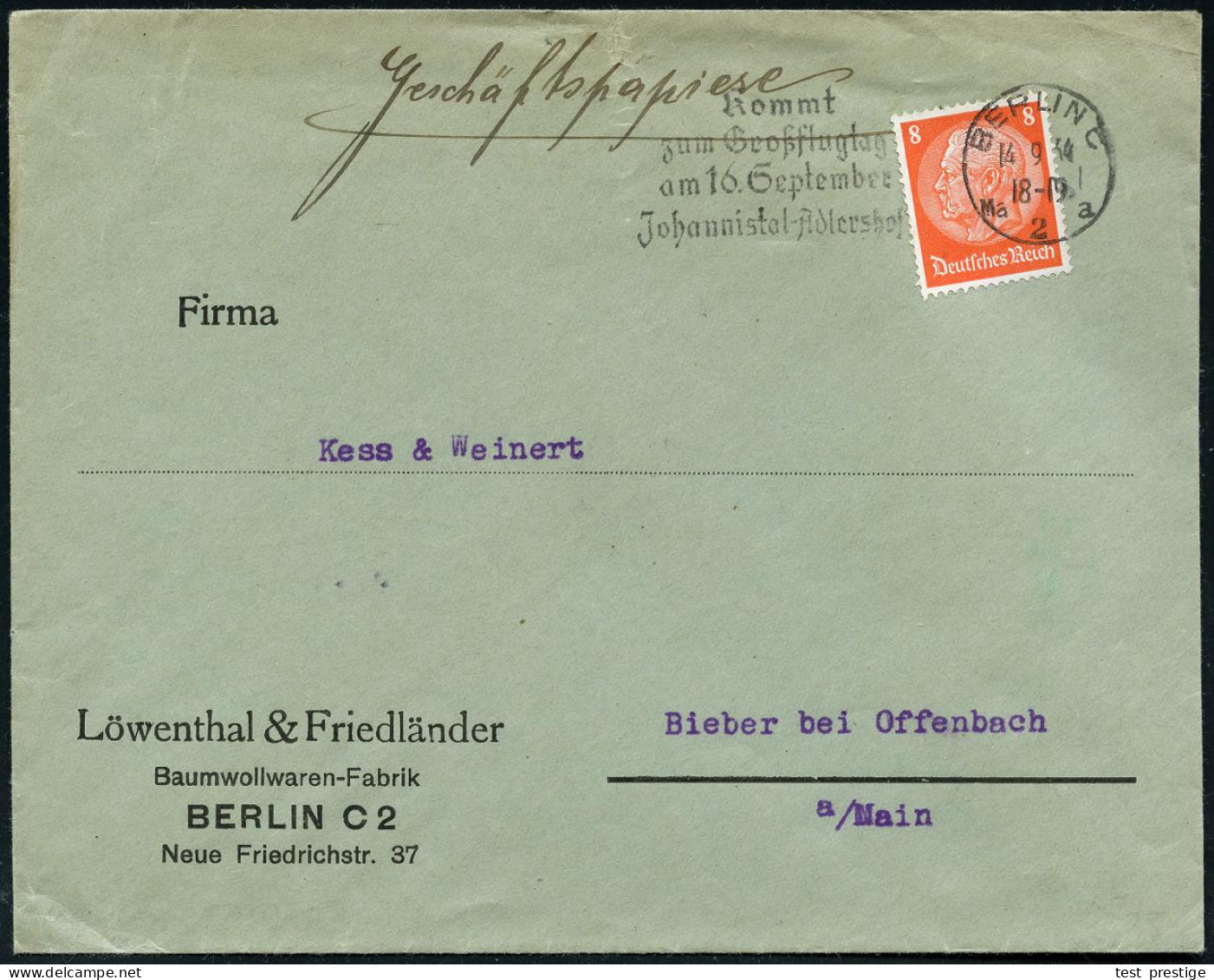 BERLIN C/ Ma 2 A/ Kommt/ Zum Großflugtag/ Am 16.Sept./ Johannisthal-Adlershof 1934 (14.9.) Seltener MWSt Auf Firmen-Bf.  - Avions