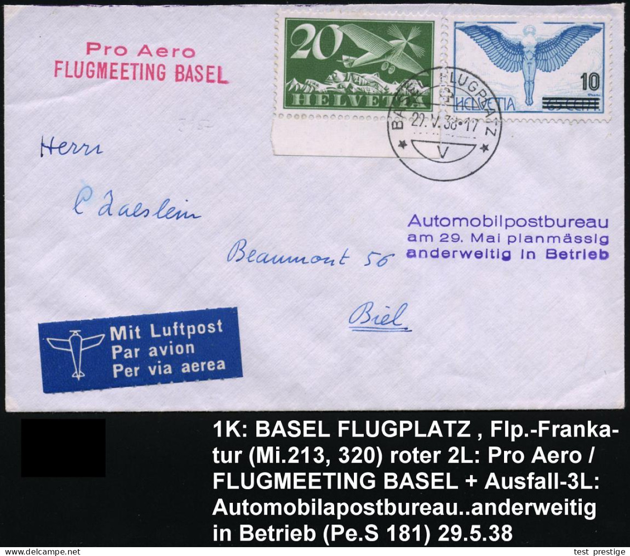 SCHWEIZ 1938 (29.5.) 1K: BASEL FLUGPLATZ Auf Flp. 20 C. U. 10/65 C. (Mi.213,320) + Roter 2L: Pro Aero/FLUGMEETING BASEL  - Airplanes